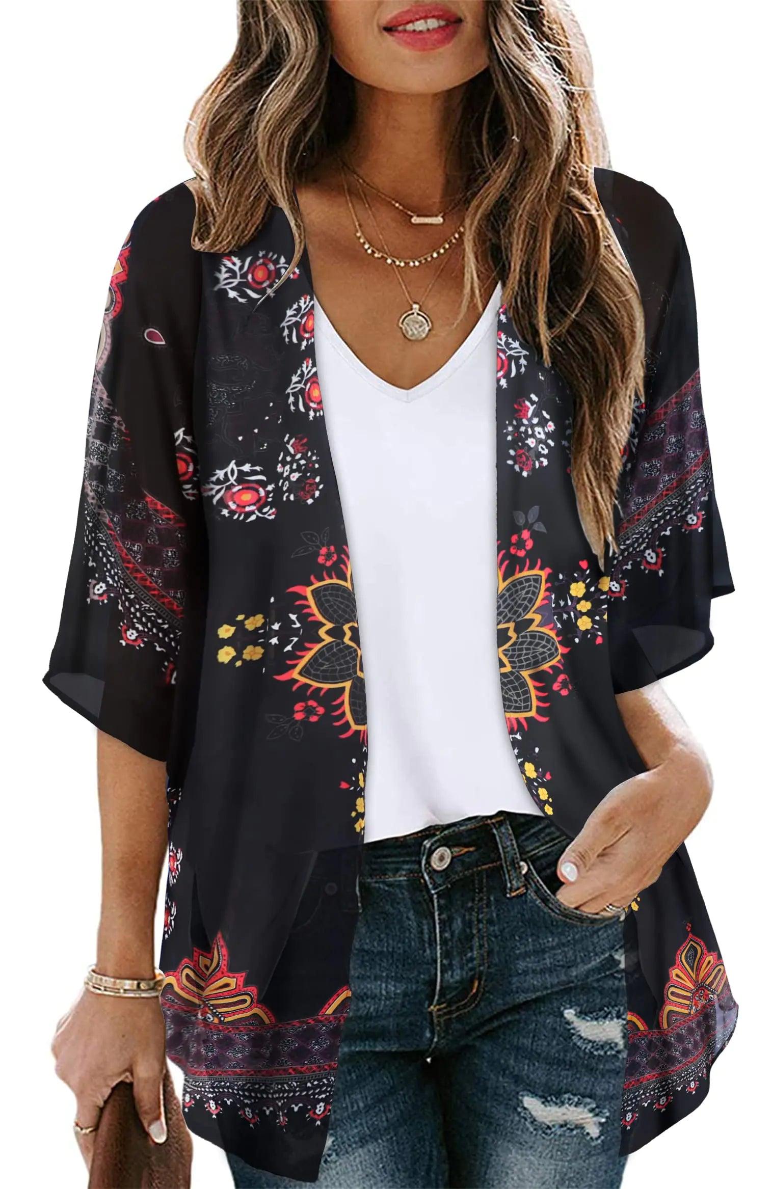 Women's Floral Print Puff Sleeve Kimono Cardigan Loose Cover Up Casual Blouse Tops Small Orange Black - Evallys.com # #