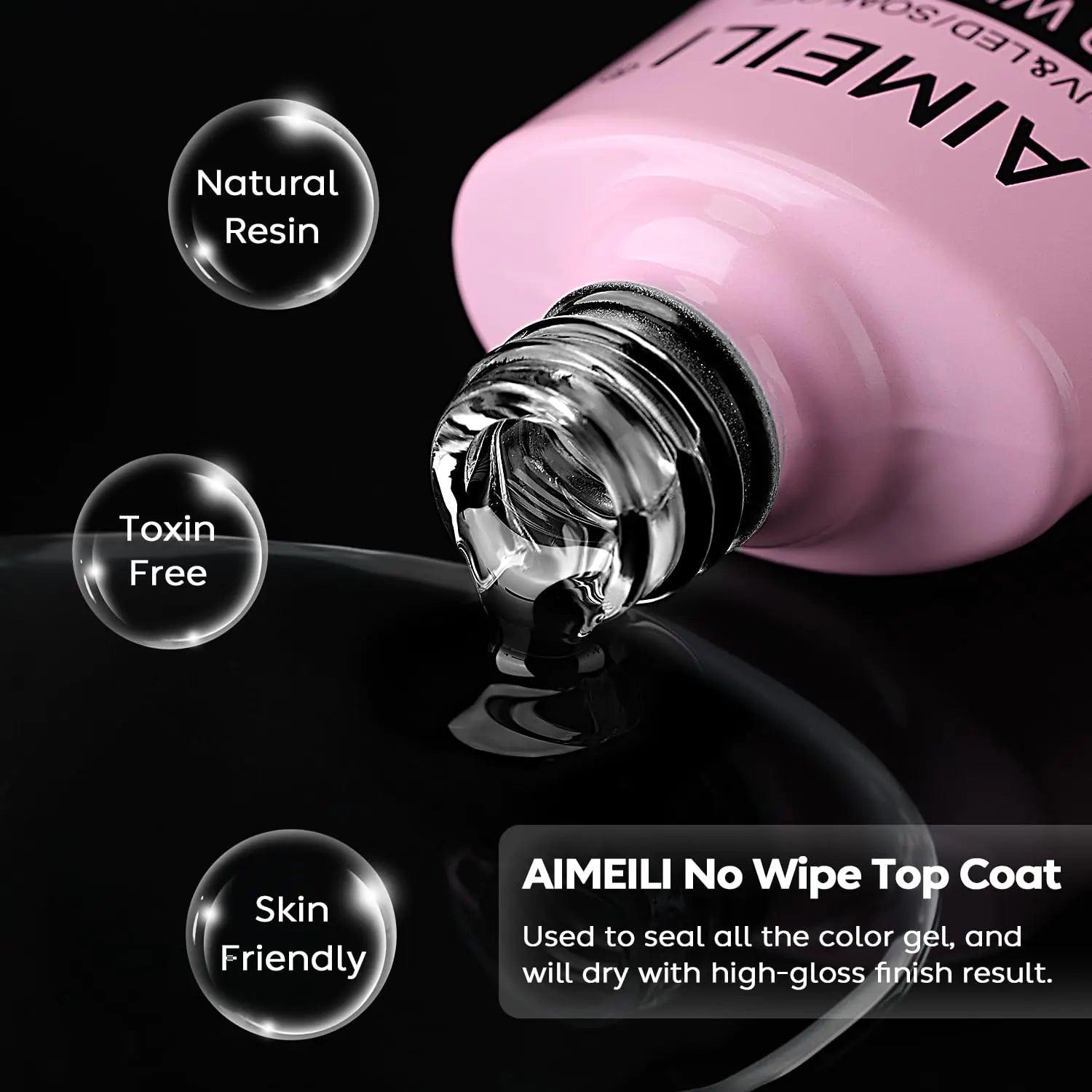 AIMEILI Gel Nail Polish No Wipe Top and Base Coat Set, Shine Finish and Long Lasting, Soak Off Gel Nail Lacquer - 2 x 10ml - Evallys.com # #