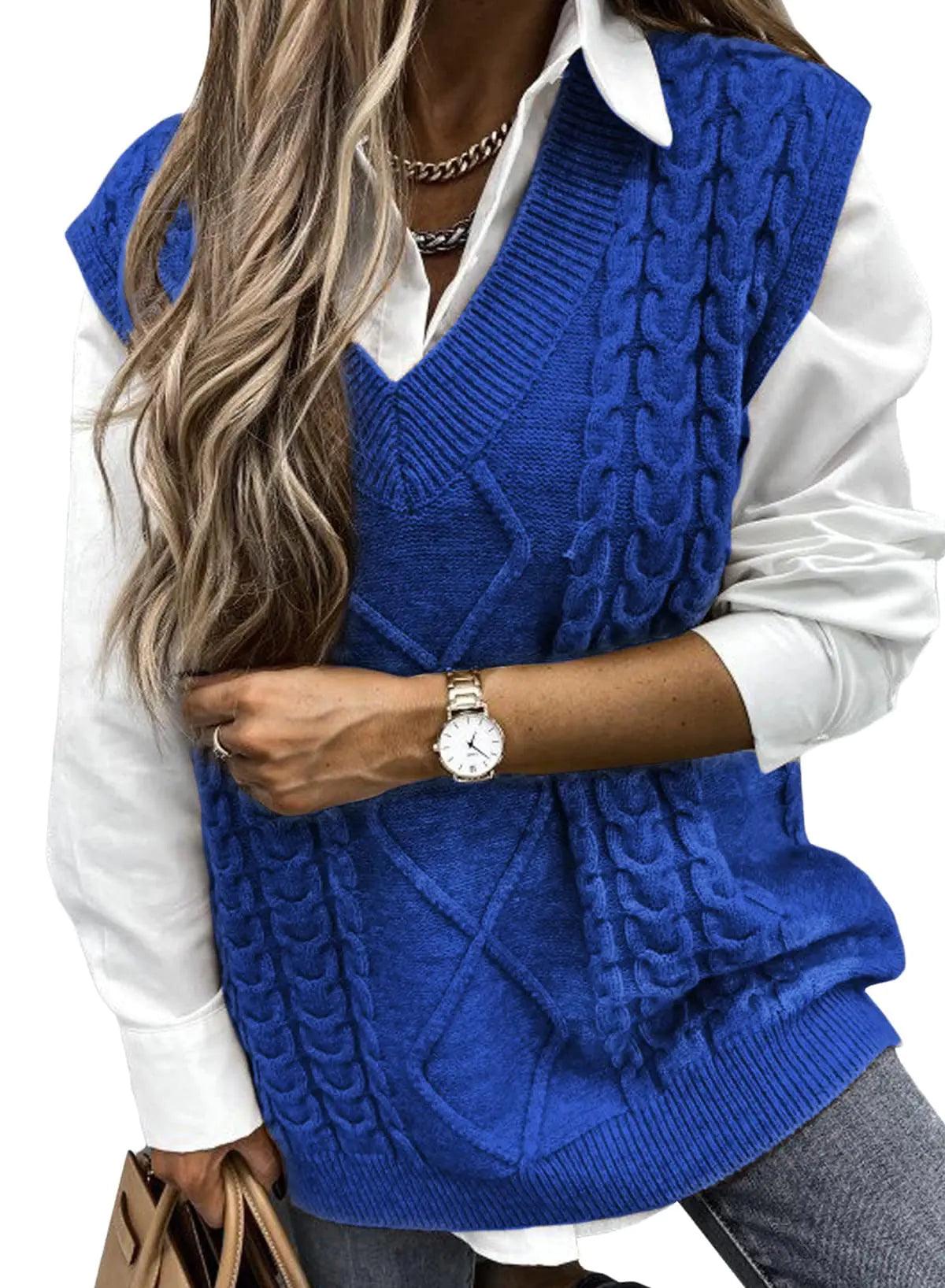 EVALESS Oversized Sweater Vest for Women V Neck Sleeveless Solid Color Loose Pullover Sweater Small C1 Blue - Evallys.com # #