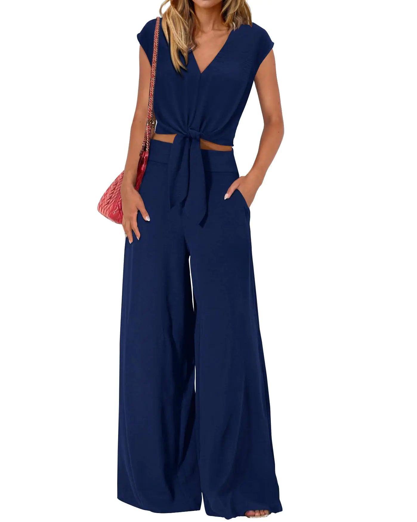 PRETTYGARDEN Women's Summer 2 Piece Outfits 2024 Cap Sleeve V Neck Belted Crop Tops Wide Leg Pant Sets Casual Tracksuit Small Solid Blue Green - Evallys.com