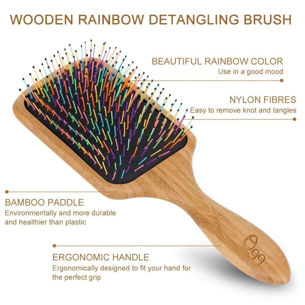 BLACK EGG Paddle Detangling Hair Brush for Women Girls, Rainbow Nylon Brush for Thick Thin Curly Hair, Includes Wooden Detangler Comb and 3 Hair Ties - Evallys.com # #