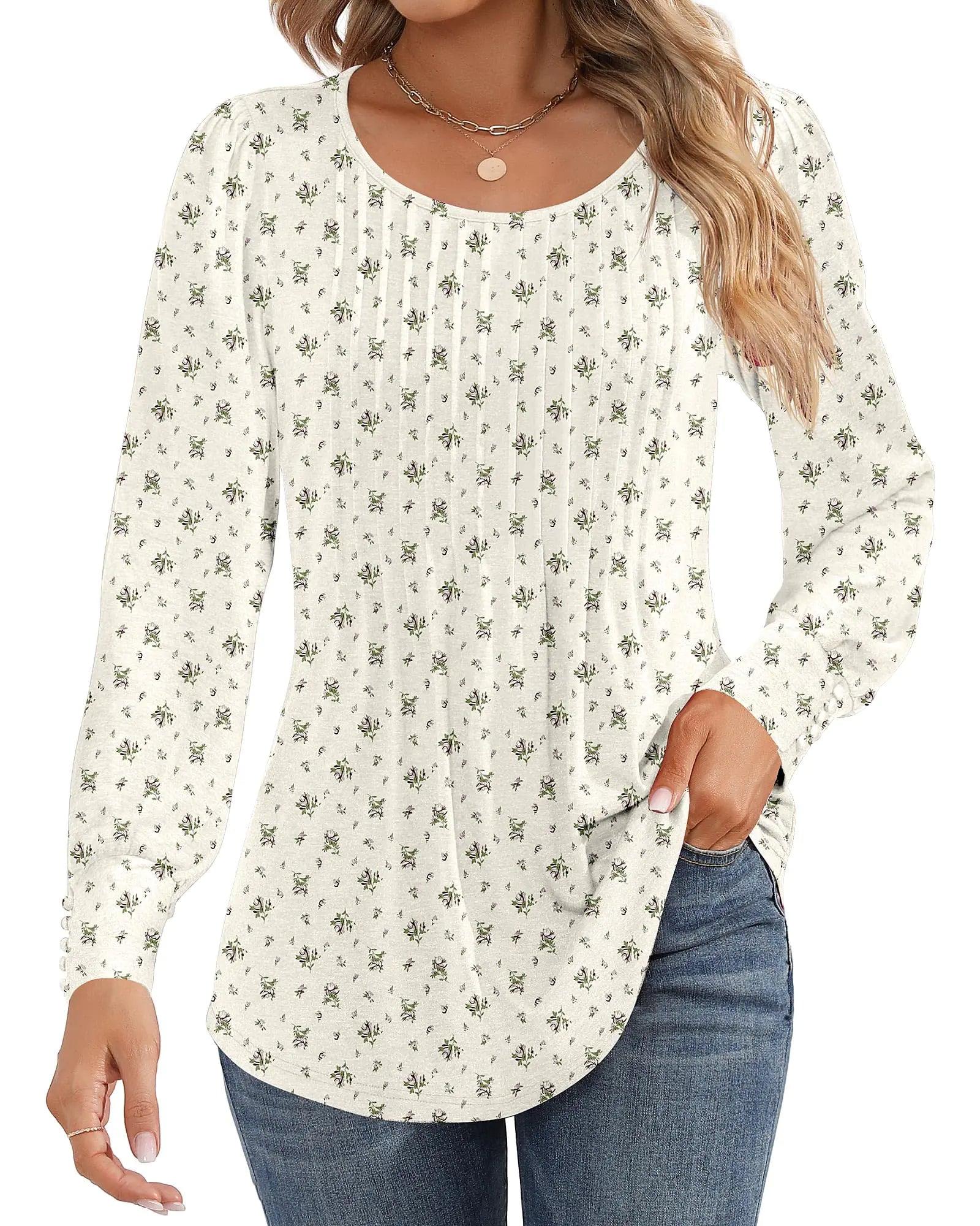 Ficerd Women's Puff Long Sleeve Tunic Tops Pleated Crew Neck Blouses Dressy Casual Loose Fit Fall and Winter Shirts Pink Floral Large - Evallys.com