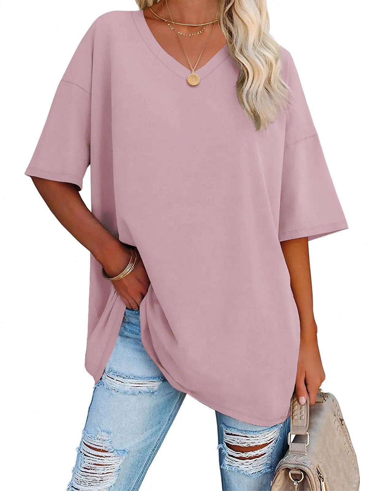 ATHMILE Womens Oversized T Shirts V Neck Tees Half Sleeve Cozy Comfy Tunic 2024 Y2K Tops Casual Small Dark Pink - Evallys.com # #