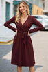 Newshows Womens 2024 Fall Sweater Dress Long Sleeve Business Casual Outfits V Neck Ribbed Knit Belt Trendy with Pockets Wine Red Large - Evallys.com # #