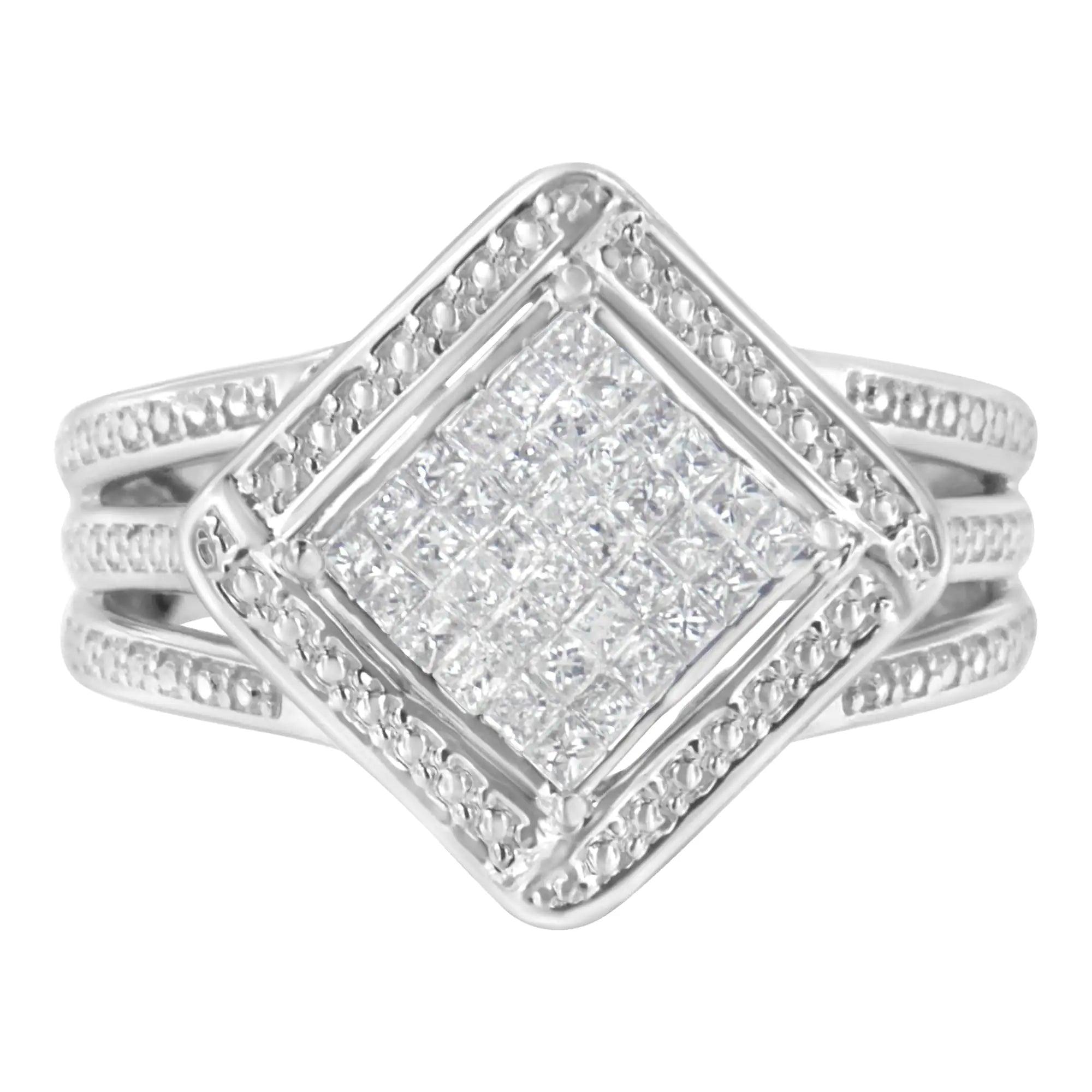 .925 Sterling Silver 2/5 Cttw Princess Cut Diamond Square On Point Cluster Composite Cocktail Ring (H-I Color, SI1-SI2 Clarity) - Evallys.com # #