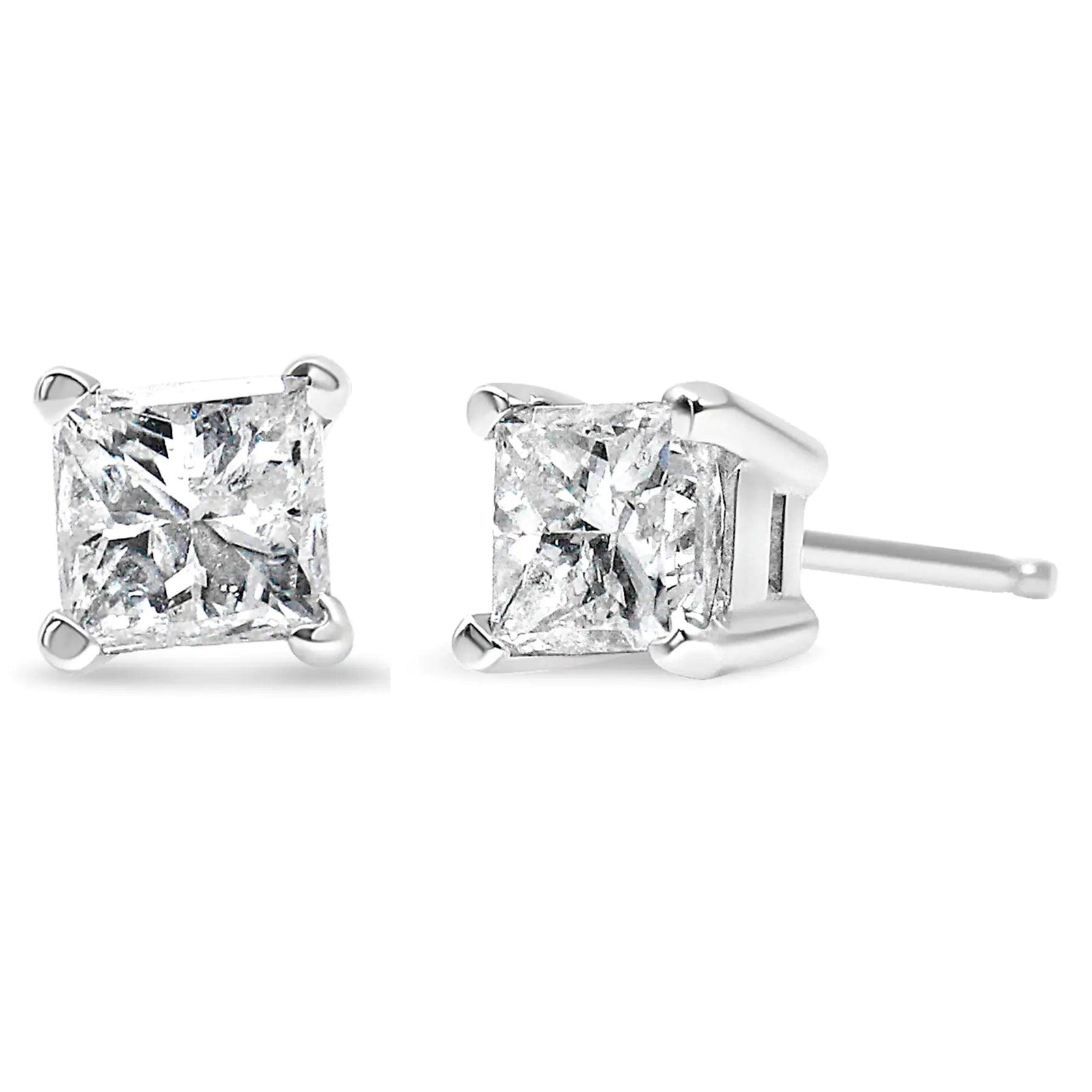 14K White Gold 3/8 Cttw Princess-Cut Square Diamond Classic 4-Prong Solitaire Stud Earrings(H-I, I1-I2) - Evallys.com # #