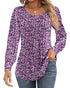 Ficerd Women's Puff Long Sleeve Tunic Tops Pleated Crew Neck Blouses Dressy Casual Loose Fit Fall and Winter Shirts Pink Floral Large - Evallys.com
