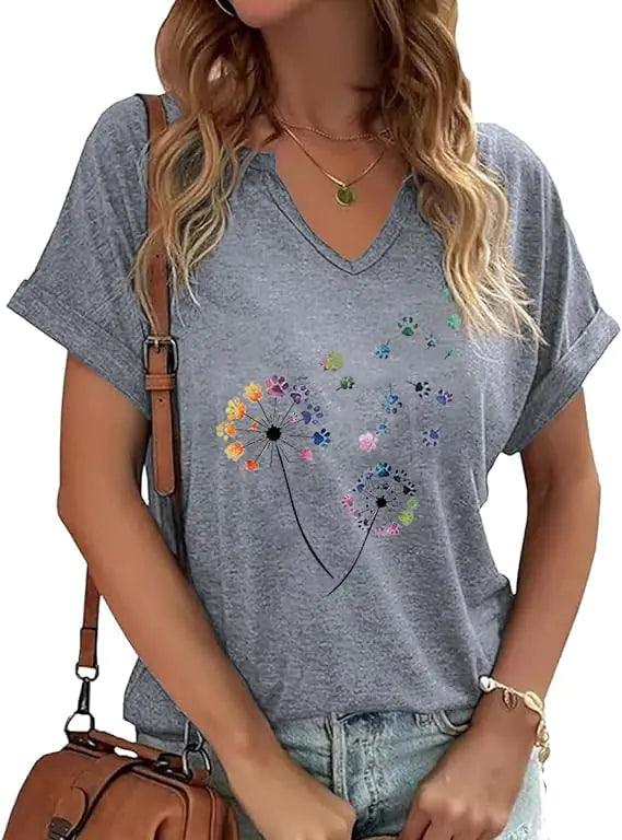 Women's Floral T-Shirts V-Neck Dandelion Sun Flower Graphic Casual Tee Boho Tops Cute Wildflowers Shirts Sec01gr X-Large - Evallys.com # #