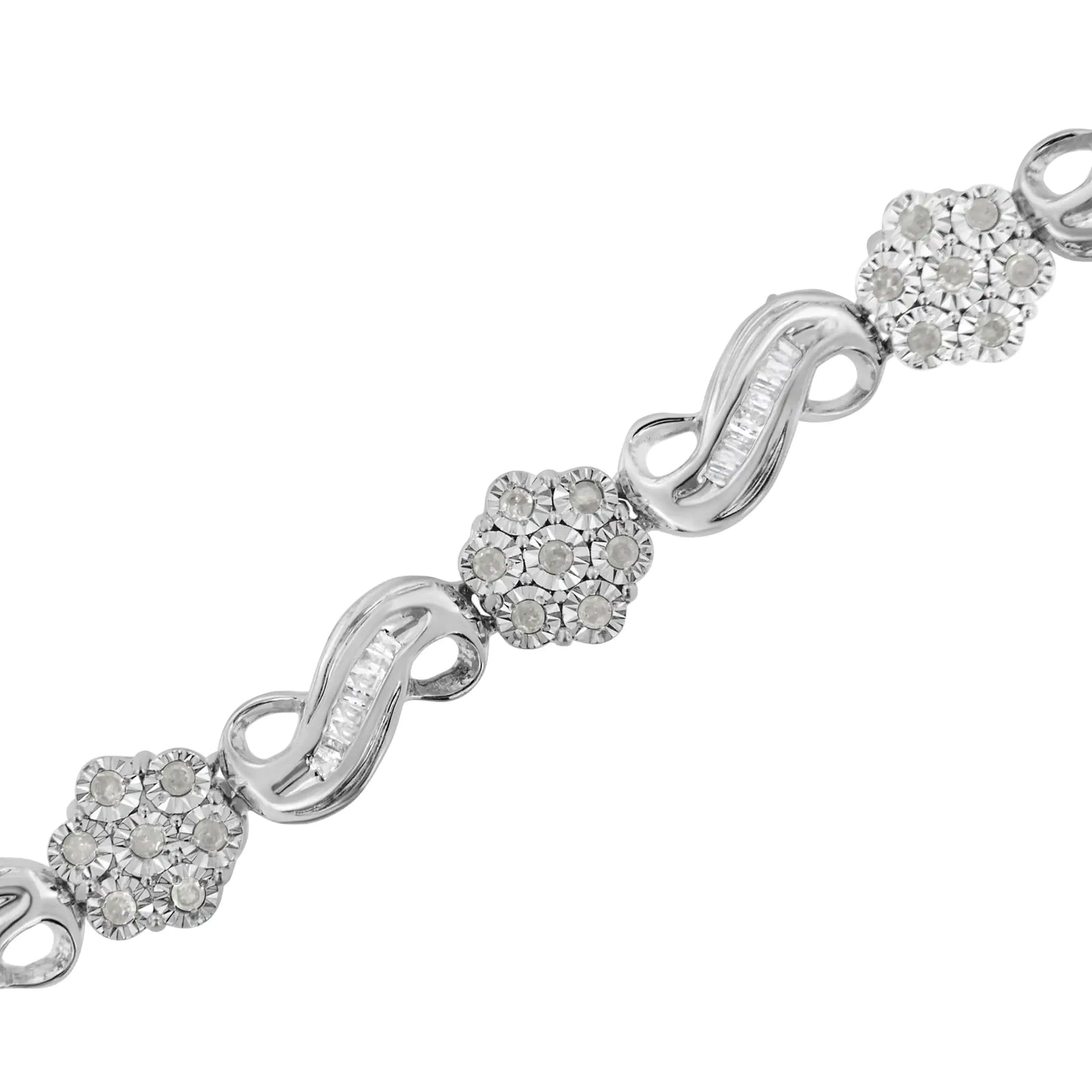 .925 Sterling Silver 1.0 Cttw Miracle and Channel Set Diamond Floral Cluster and Link Bracelet (I-J Color, I3 Clarity) - 7.25