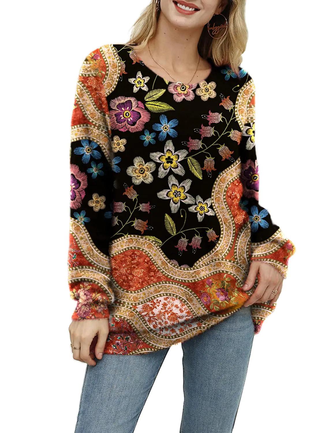 YESNO Women Ugly Christmas Sweater Graphic Printed Oversized Pullover Sweaters Casual Loose Knit Tops S01 XX-Large Floral 174 - Evallys.com # #