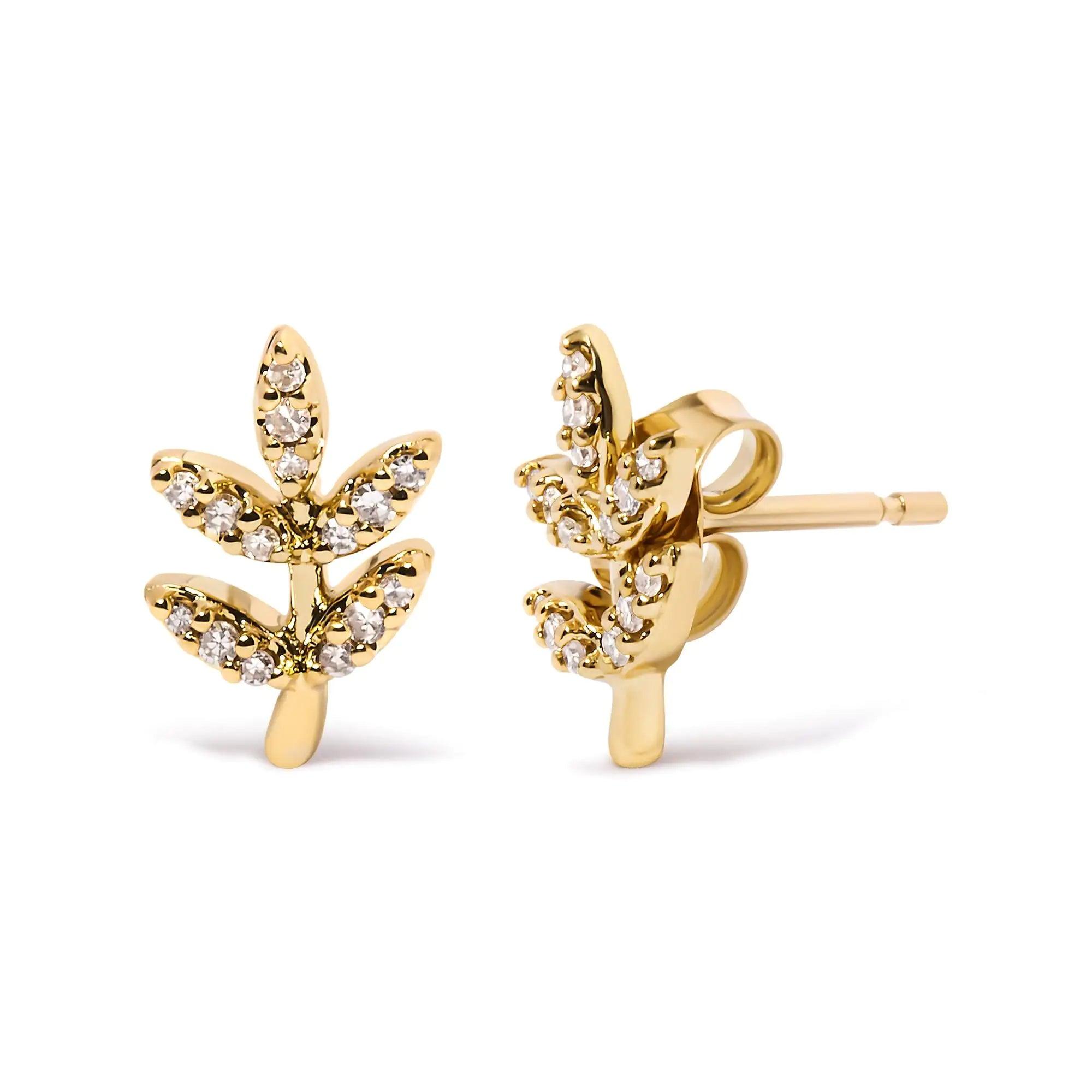 10K Yellow Gold 1/10 Cttw Diamond Accented Leaf and Branch Stud Earrings (H-I Color, I1-I2 Clarity) - Evallys.com # #