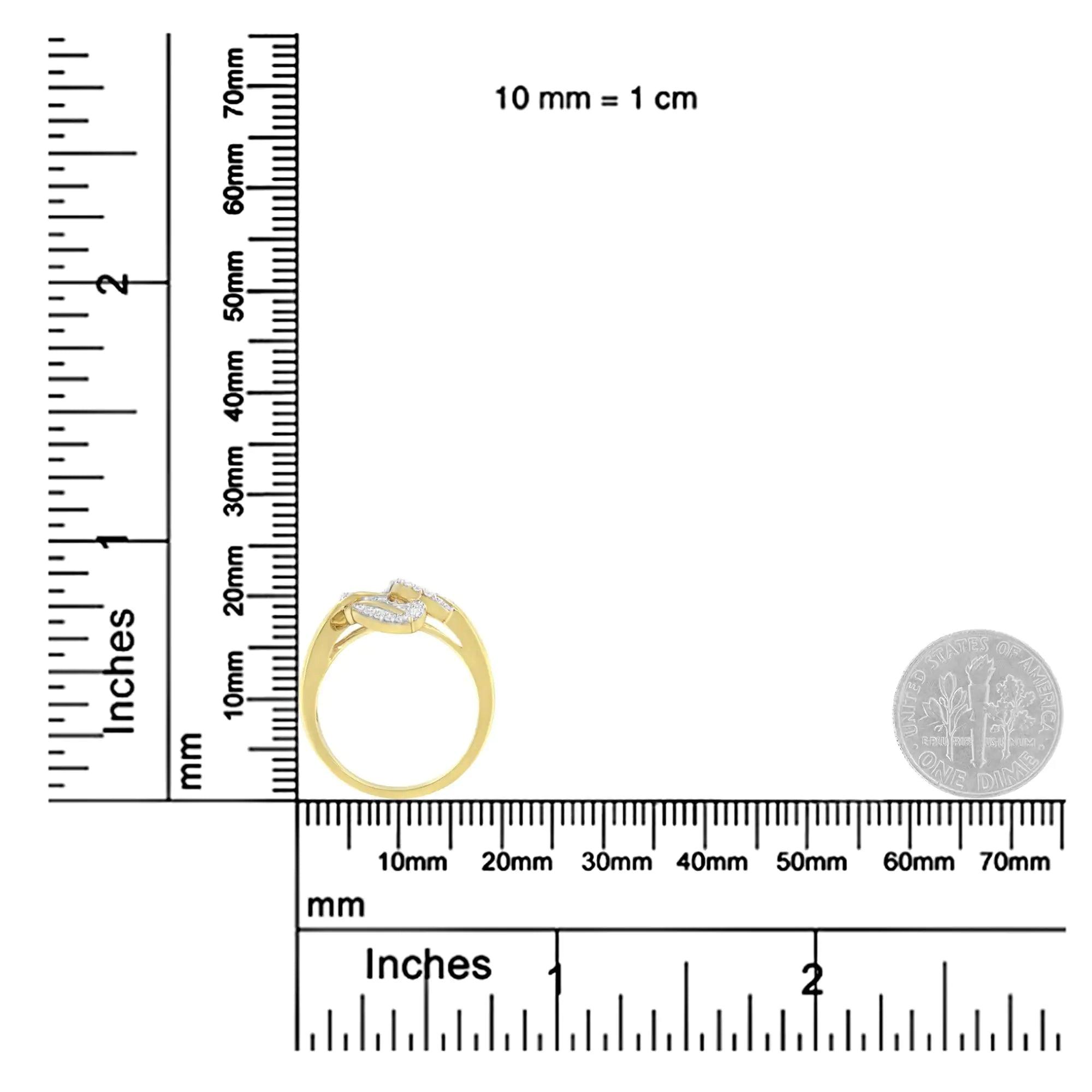 18K Yellow and White Gold Plated .925 Sterling Silver 3/8 Cttw Baguette and Round Diamond Bypass Triple Leaf Ring (I-J Color, I1-I2 Clarity) - Evallys.com # #