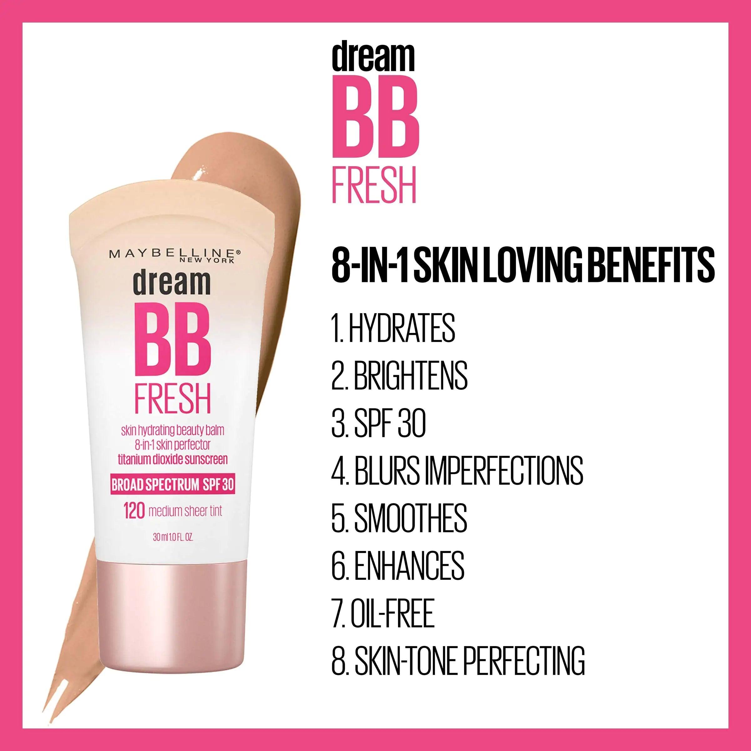 Maybelline Dream Fresh Skin Hydrating BB cream, 8-in-1 Skin Perfecting Beauty Balm with Broad Spectrum SPF 30, Sheer Tint Coverage, Oil-Free, Light, 1 Fl Oz 1 Fl Oz (Pack of 1) 100 LIGHT - Evallys.com # #