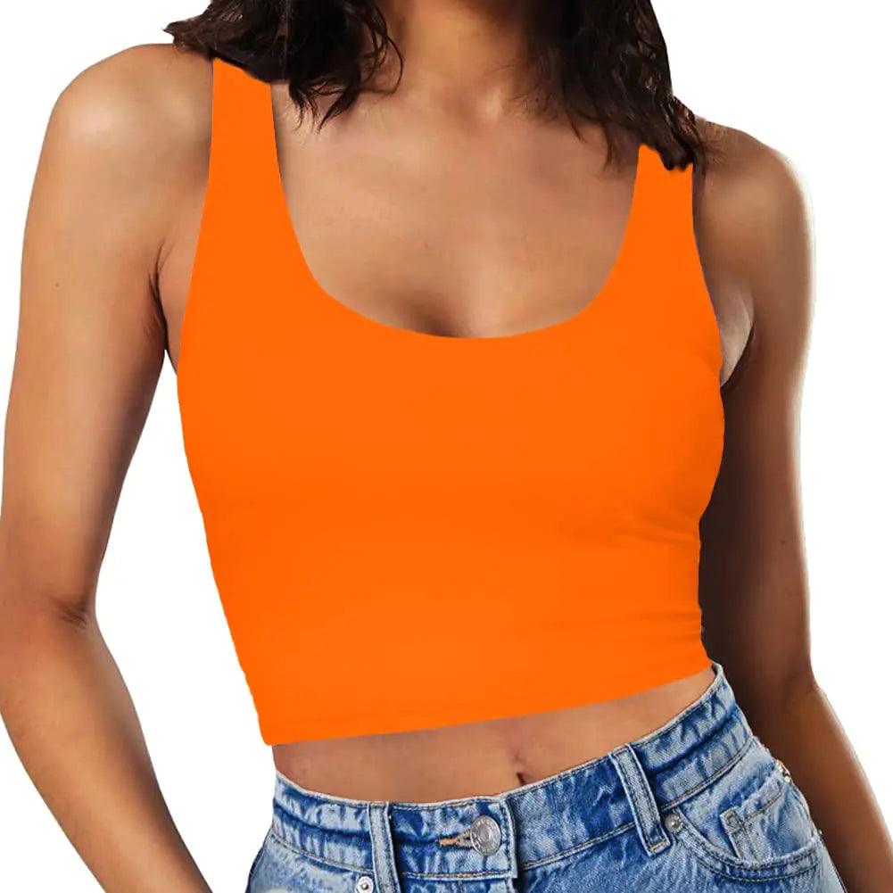 Women’s Sexy Sleeveless Crop Tops Double Layer Scoop Neck Cropped Tank Top X-Large Bright Orange - Evallys.com # #