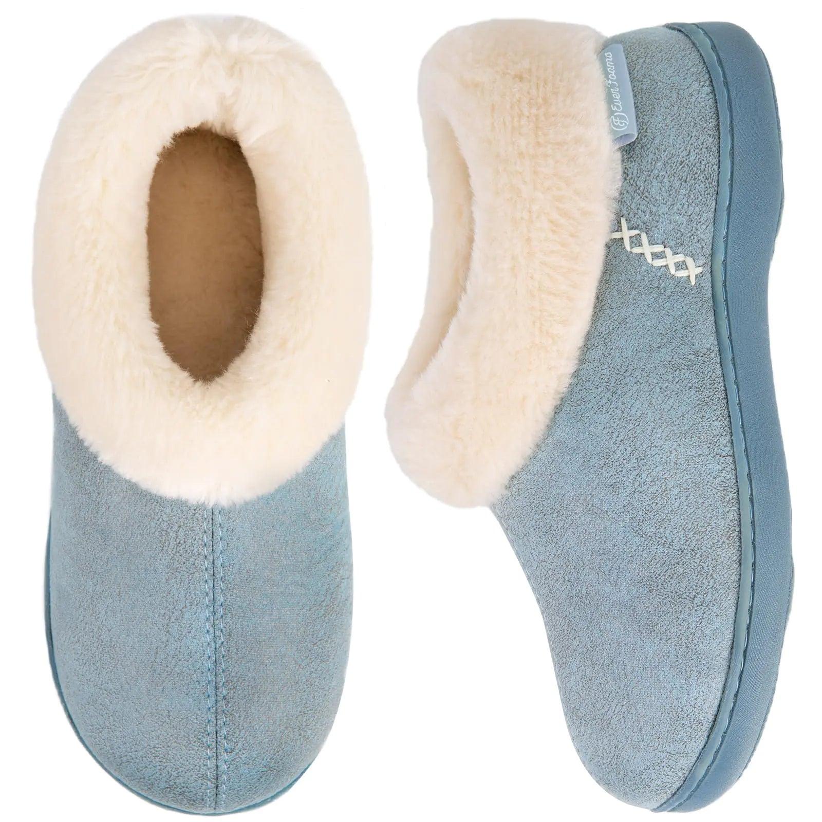 EverFoams Women's Micro Suede Cozy Memory Foam Winter Slippers with Fuzzy Faux Fur Collar and Indoor Outdoor Rubber Sole 11-12 Blue - Evallys.com # #