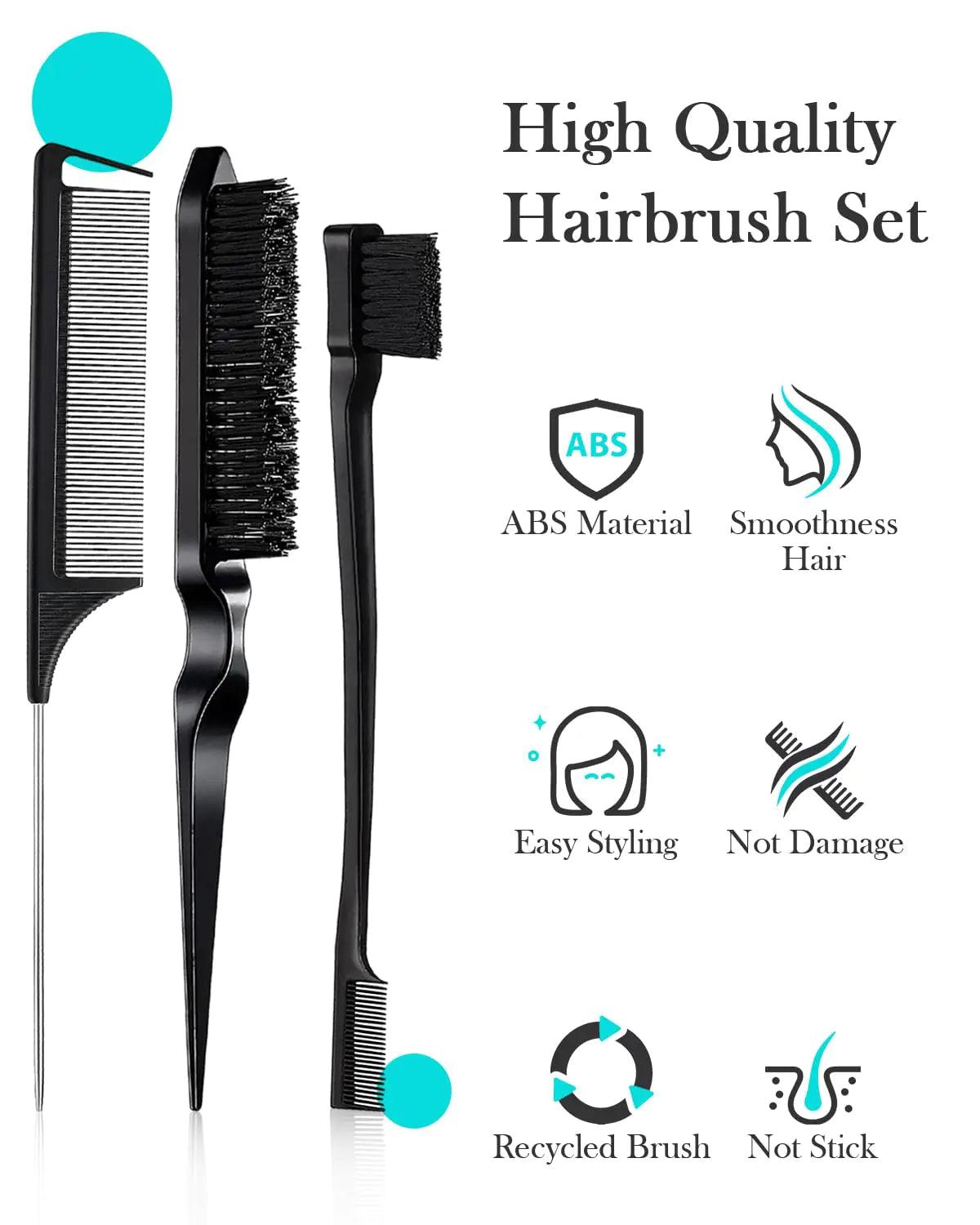 Hair Styling Brush Set - Slick Back Comb, Edge Control Brush, Rat Tail Comb for Smooth Styling, Frizz Taming, and Parting (3 Pieces) 3 Pieces (Black) - Evallys.com # #