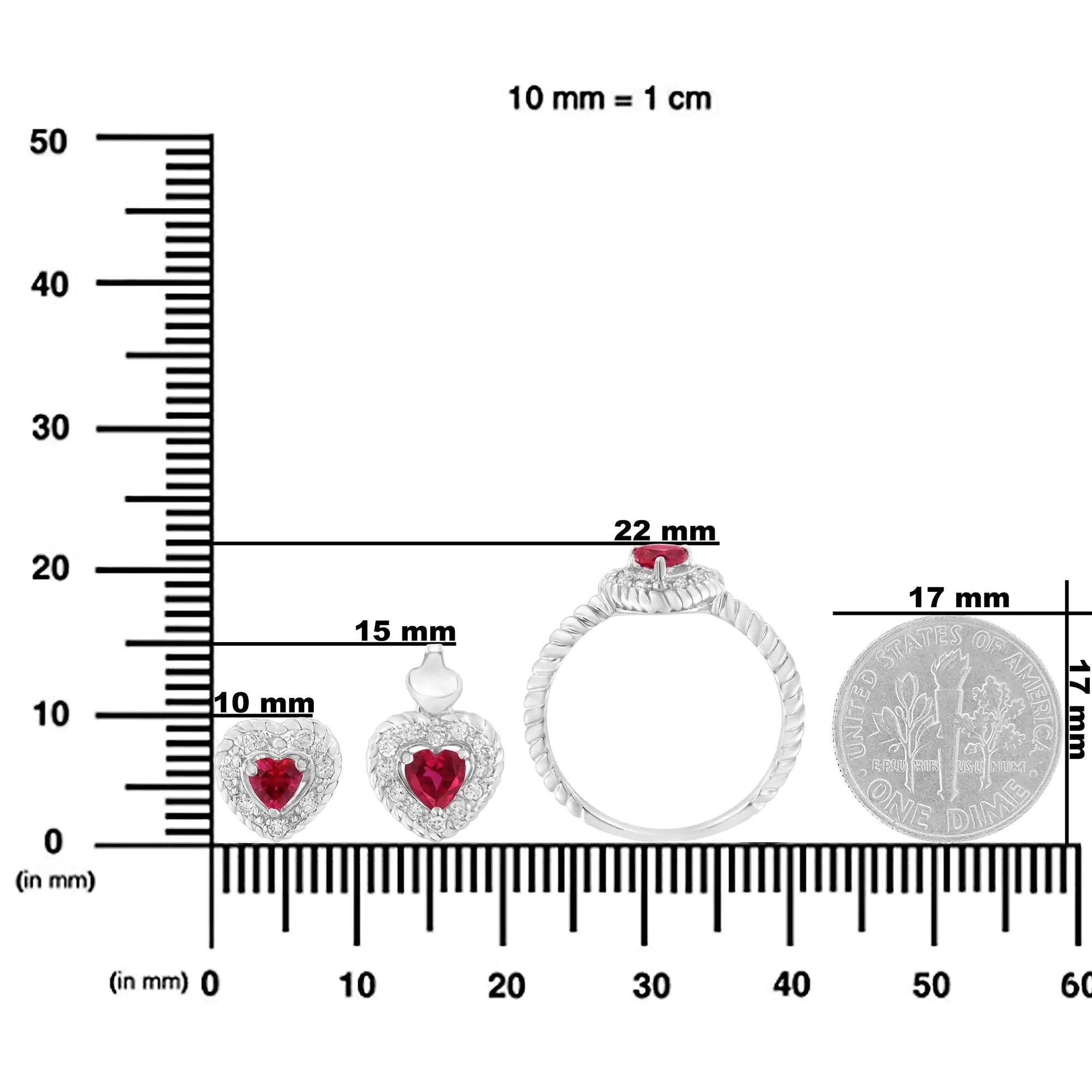 .925 Sterling Silver, ¾ Cttw Lab-Created Ruby, 1/4 Cttw Diamond Heart Ring, Earrings, and Pendant Necklace Set (I-J Color, I2-I3 Clarity) - Evallys.com # #