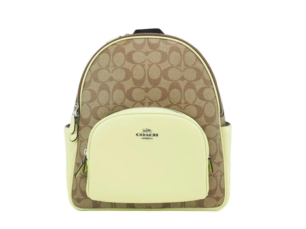 Coach Court Signature Leather Khaki Pale Lime Medium Backpack - Evallys.com # #