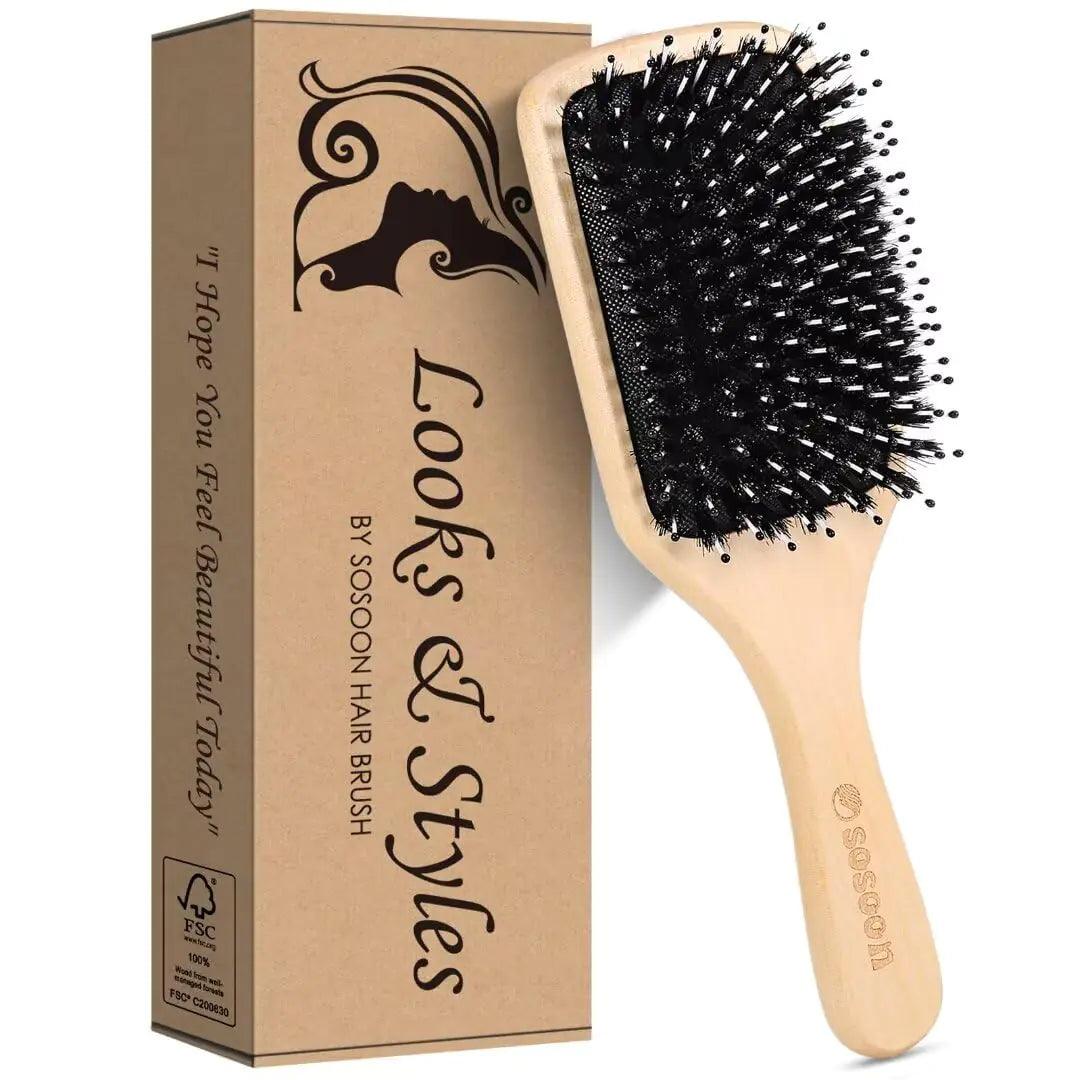 Hair Brush, Sosoon Boar Bristle Paddle Hairbrush for Long Short Thick Thin Curly Straight Wavy Dry Hair for Men Women Kids, No More Tangle, Giftbox & Tail Comb Included - Evallys.com # #