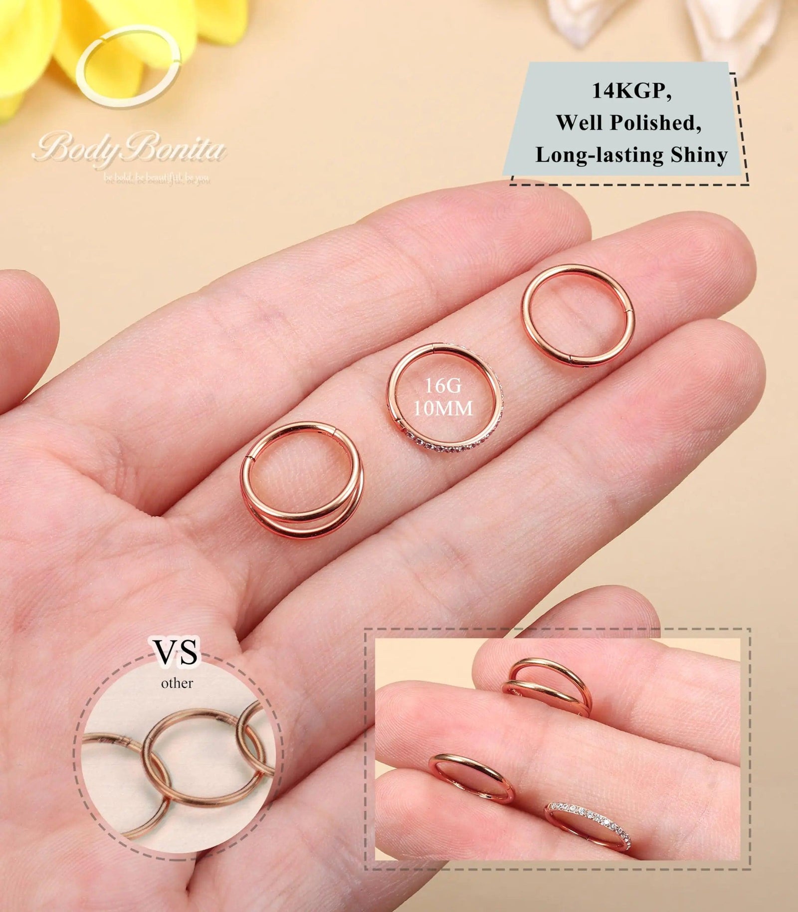 BodyBonita 3pcs Nose Rings Hoops - 316L Surgical Steel Double Hoop Nose Rings 16G/18G/20G Hinged CZ Conch Piercing Jewelry Septum Clicker Lip Rings Cartilage Earring Helix Rook Tragus Daith 7mm/8mm/9mm/10mm Rose Gold 16 gauge(1.2mm)-10mm - Evallys.com # #