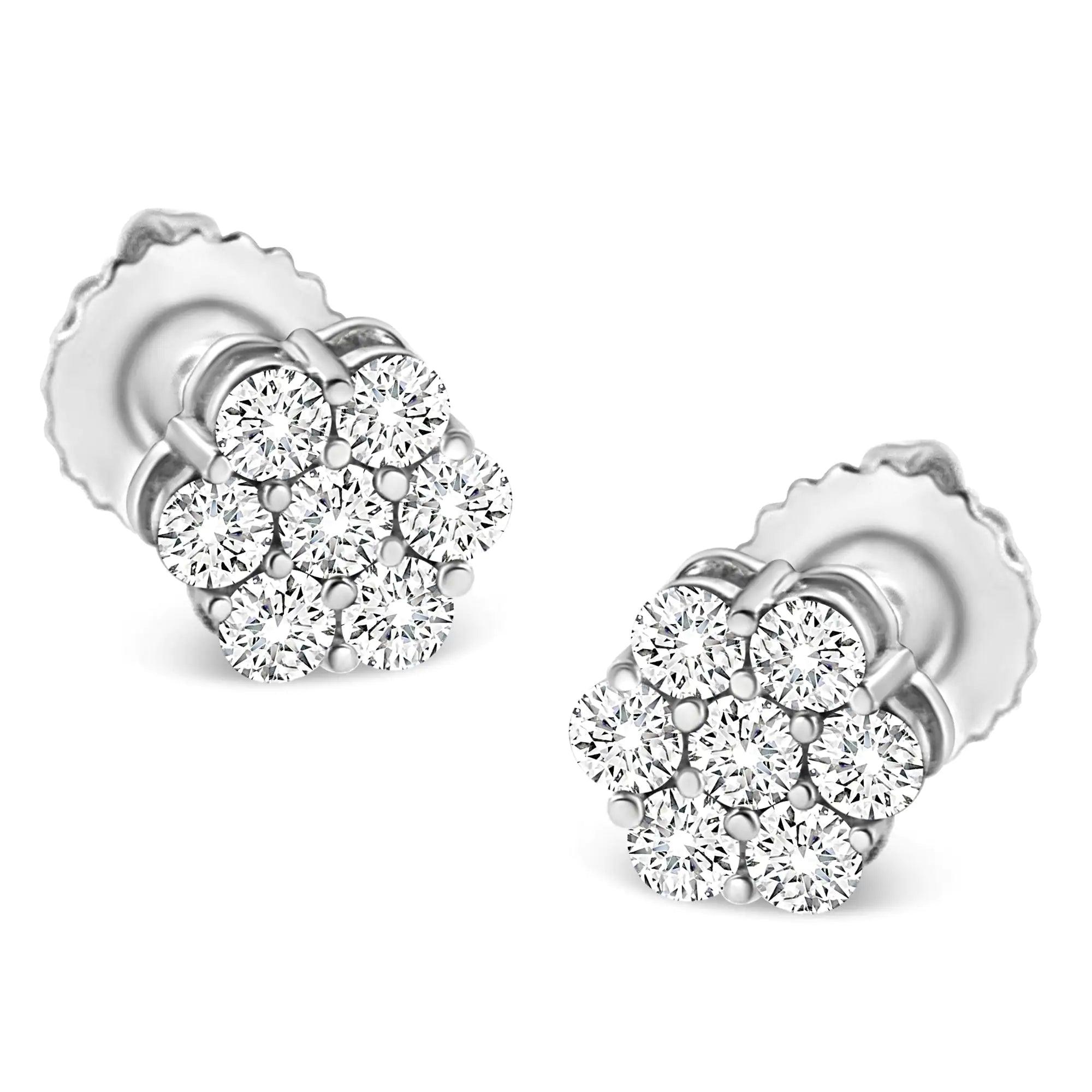 14K White Gold 1/3 Cttw Floral Cluster Diamond Stud Earrings with Screw backs (I-J Color, SI2-I1 Clarity	) - Evallys.com # #