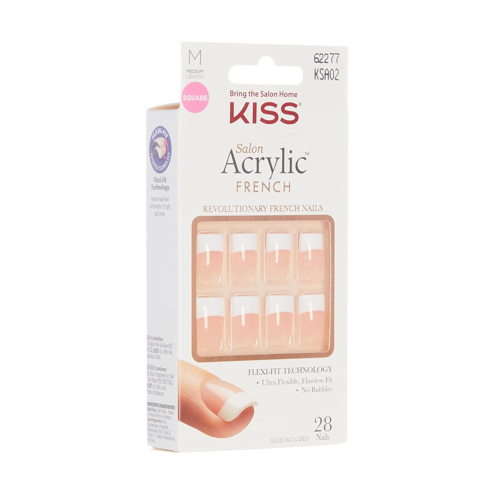 KISS Salon Acrylic Press On Nails, Nail glue included, 'Sugar Rush', French, Medium Size, Square Shape, Includes 28 Nails, 2g Glue, 1 Manicure Stick, 1 Mini File Sugar Rush 1 Count (Pack of 1) - Evallys.com # #