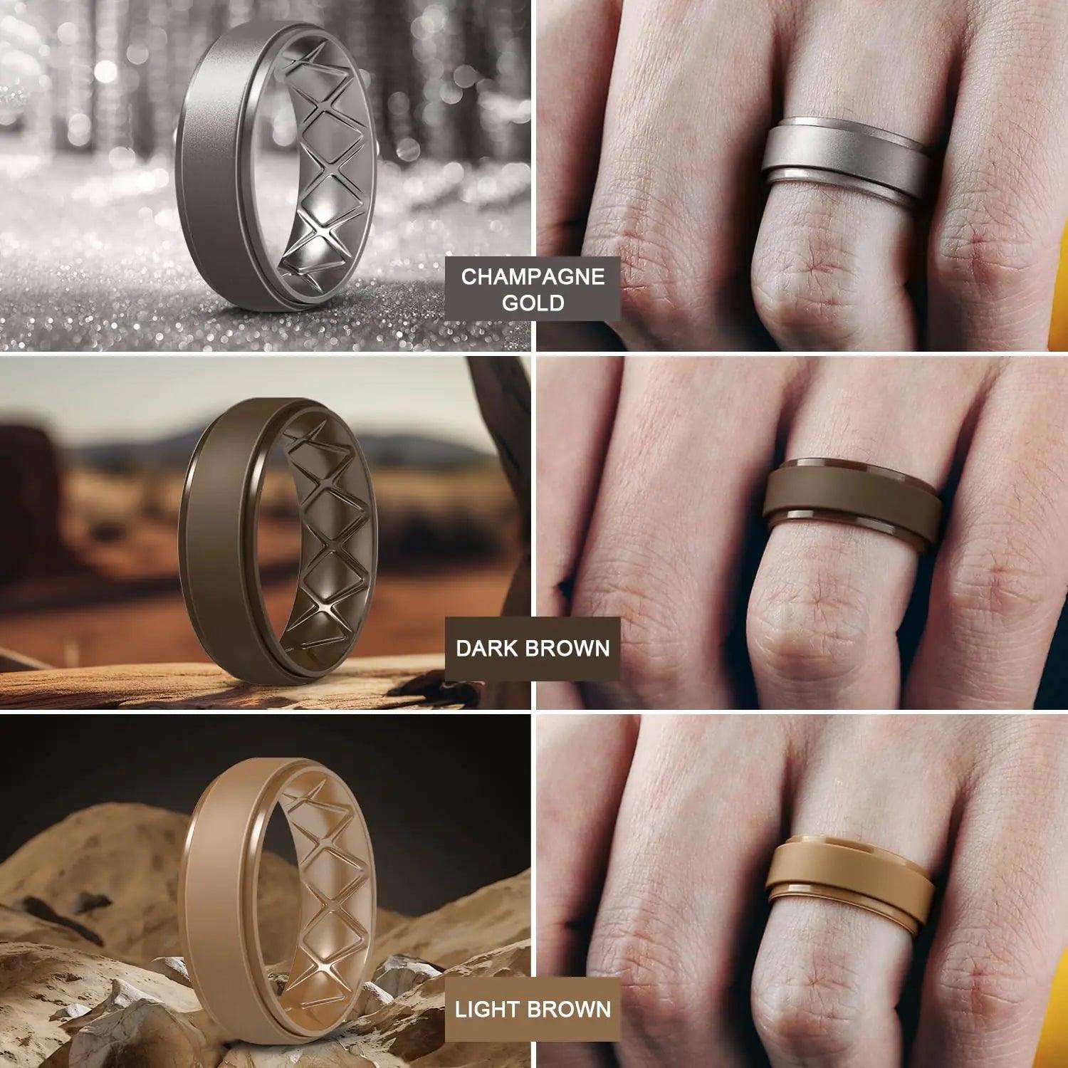 Egnaro Inner Arc Ergonomic Breathable Design, Silicone Rings Mens with Half Sizes, 7 Rings / 4 Rings / 1 Ring Rubber Wedding Bands, 8.5mm Wide-2mm Thick T17-Black, Metallic Silver, Black Gray, Bronze, Champagne Gold, Dark Brown, Light Brown - Evallys.com # #