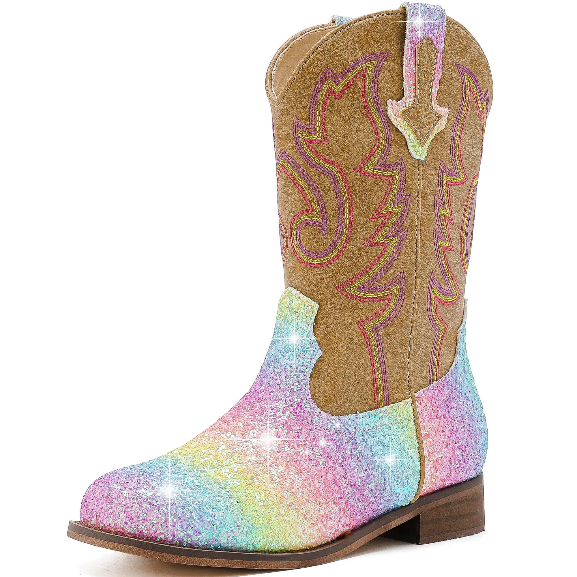 Girls Cowgirl Boots Unisex-Child Mid Calf Glitter Toddler Cowboy Boot Little Big Kids Western Riding Shoes 8 Toddler Shiny Rainbow - Evallys.com # #