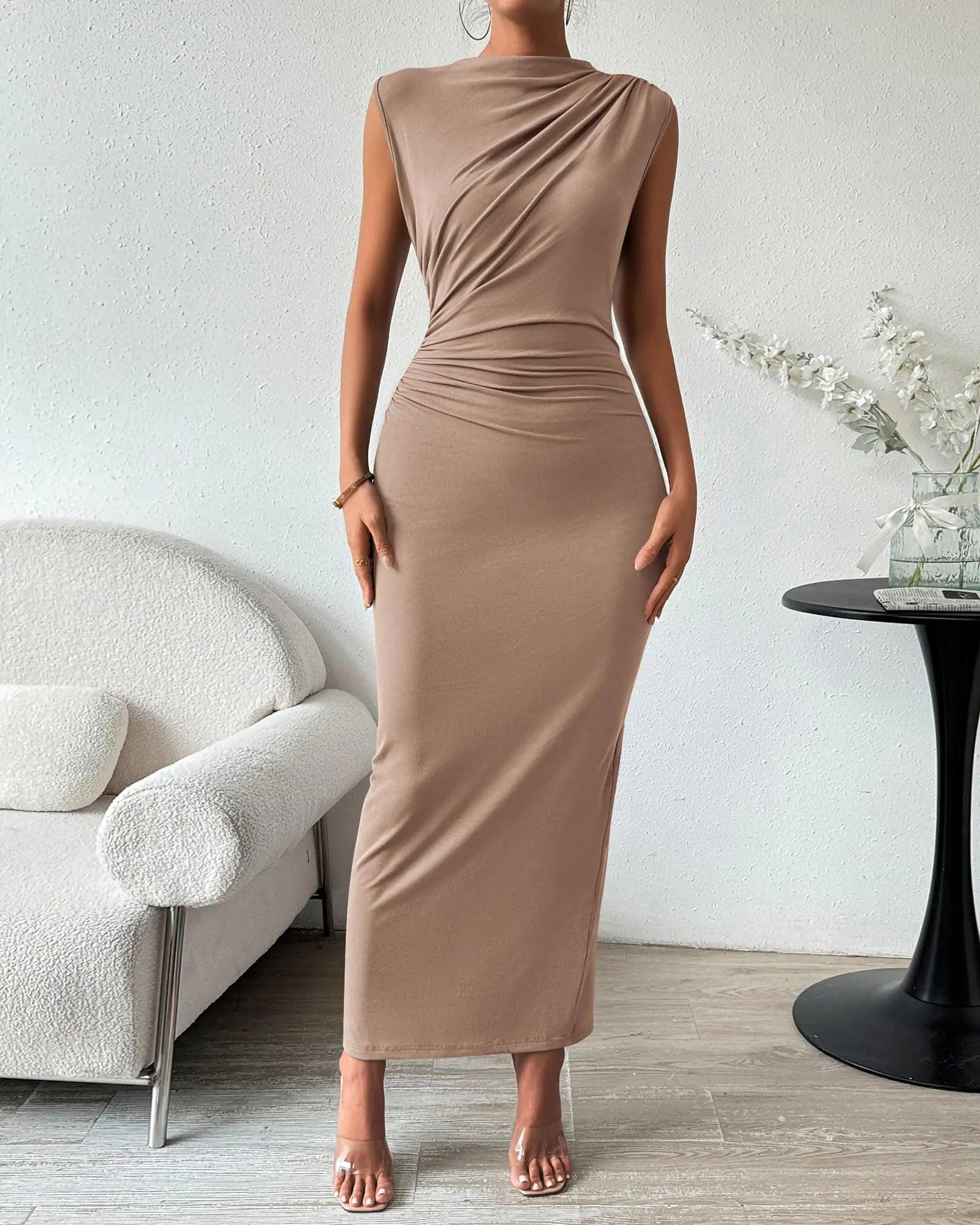 BTFBM Women's Ruched Bodycon Dress Summer Casual Sleeveless Back Slit Elegant Club Evening Party Cocktail Maxi Dresses Small Solid Khaki - Evallys.com # #