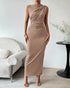 BTFBM Women's Ruched Bodycon Dress Summer Casual Sleeveless Back Slit Elegant Club Evening Party Cocktail Maxi Dresses Small Solid Khaki - Evallys.com # #