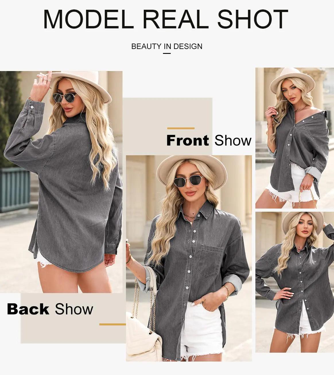 Astylish Women 2024 Denim Shirts Button Down Blouse Long Sleeve V Neck Casual Tops Large Light Grey - Evallys.com # #