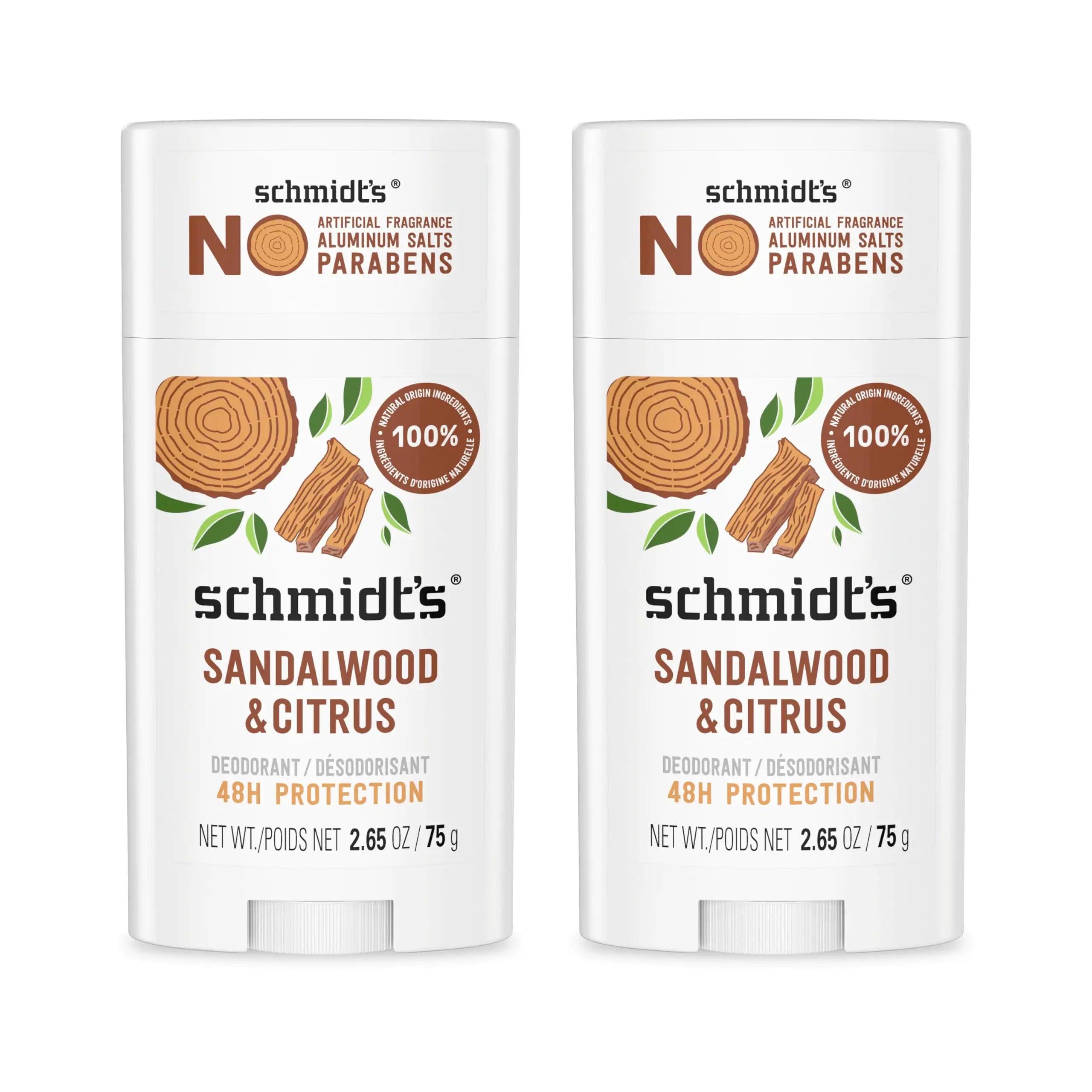 Schmidt's Aluminum-Free Vegan Deodorant Sandalwood & Citrus 2 Count for Women and Men, with 24 Hour Odor Protection, Natural Ingredients, Cruelty-Free, 2.65 oz Sandalwood and Citrus 2.65 Ounce (Pack of 2) - Evallys.com # #