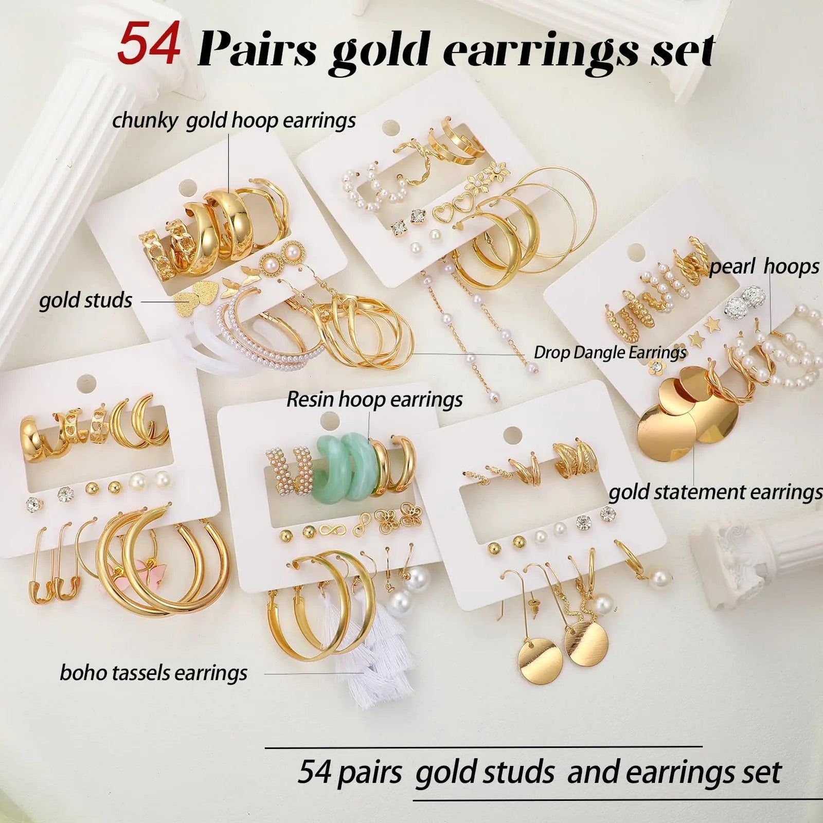 42 Pairs Gold Hoop Earrings Set for Women, Fashion Chunky Pearl Earrings Multipack Twisted Statement Earring Pack, Hypoallergenic Small Big Hoops Earrings for Birthday Party (Gold-54 pairs) Gold-54 pairs - Evallys.com # #