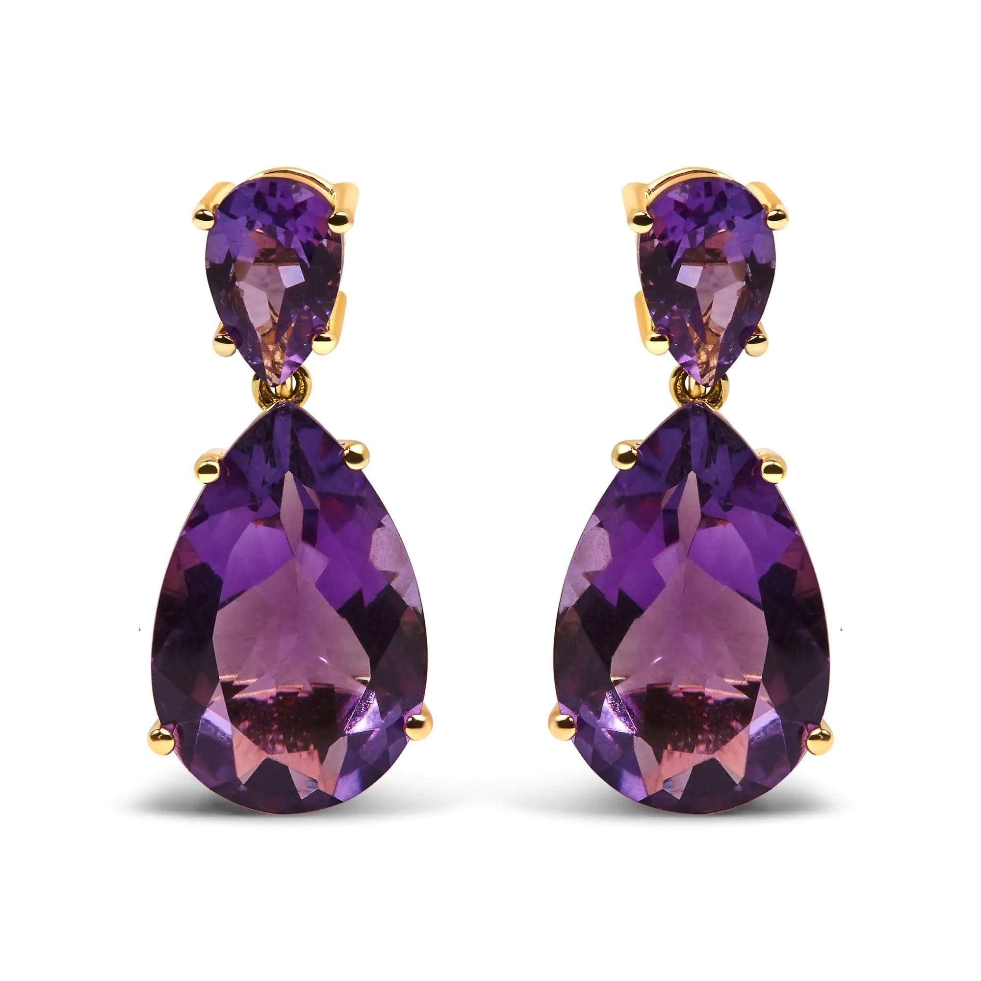 10K Yellow Gold Plated .925 Sterling Silver 12 2/5 Cttw Pear Shaped Purple Brazilian Amethyst Double Dangle and Drop Earring - Evallys.com # #