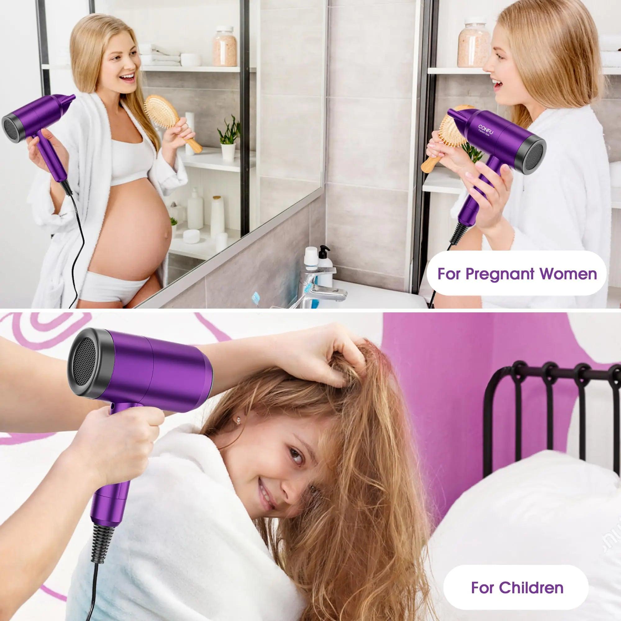 Hair Dryer with Diffuser,CONFU Ionic Blow Dryer 1600W,Portable Lightweight Fast Drying Negative Ion Hairdryer,3 Heat Settings with Diffuser and Concentrator Nozzle for Home & Travel Purple - Evallys.com # #