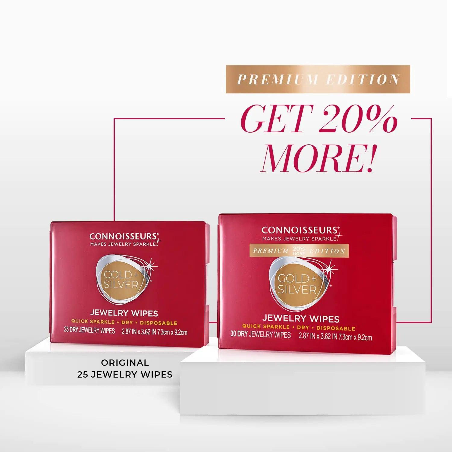 CONNOISSEURS Premium Edition Compact Jewelry Wipes -20% More, No Rinse Gold and Silver Jewelry Cleaner, Polish and Remove Tarnish to Restore Brilliance, Dry Disposable Wipes, 30 Count - Evallys.com # #