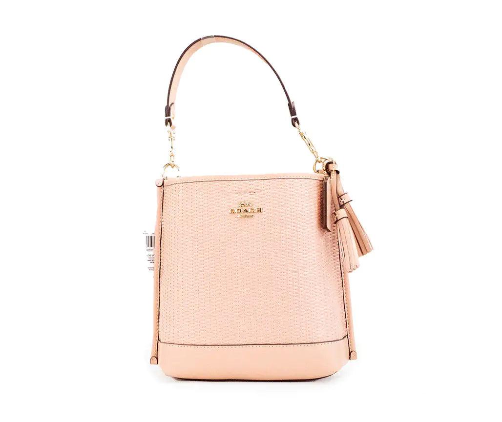 Coach Mollie 22 Shell Pink Straw Leather Bucket Crossbody - Evallys.com # #