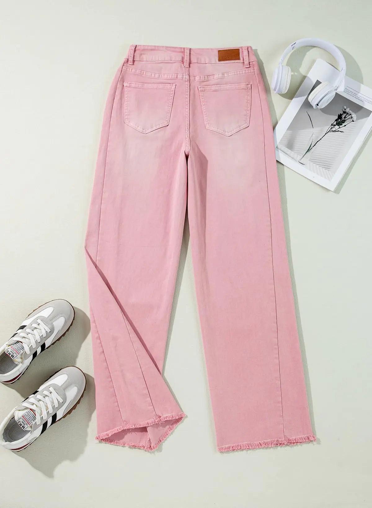 Sidefeel Women's Wide Leg Jeans High Waisted Strechy Raw Hem Denim Pants 18 Pink - Evallys.com # #