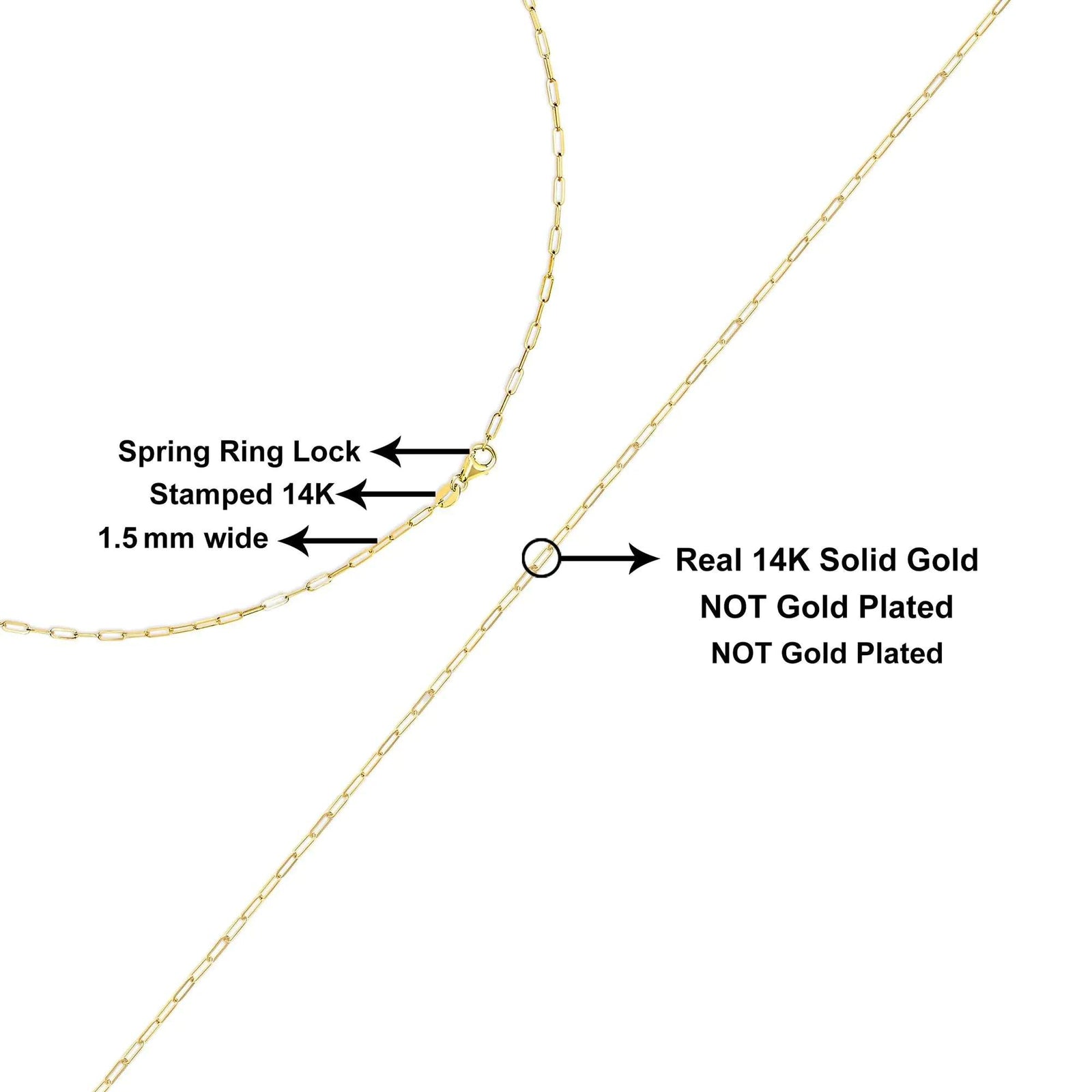 Unisex Solid 14K Gold 1.5mm Paperclip Chain Necklace - Choice of Length and Metal Color - Evallys.com