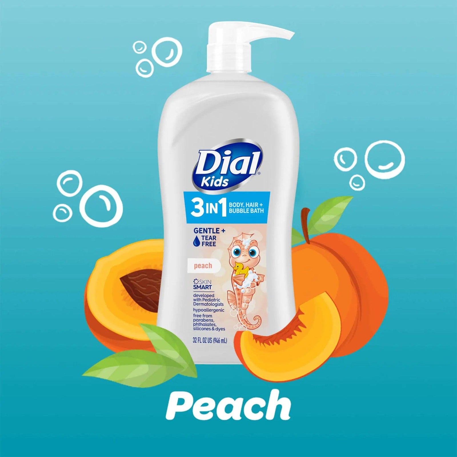 Dial Kids 3-in-1 Body+Hair+Bubble Bath, Peach, 32 fl oz 32 Fl Oz (Pack of 1) - Evallys.com # #