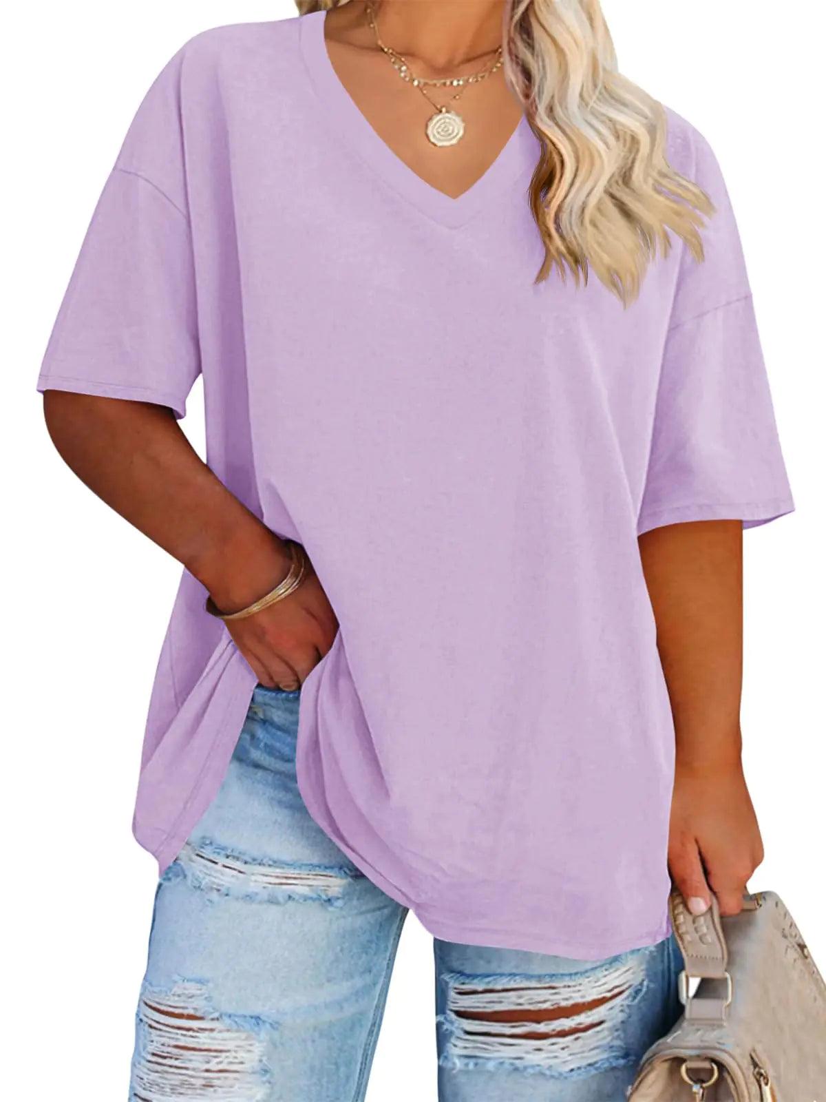 Women's Plus Size V Neck T Shirts Summer Half Sleeve Tees Casual Loose Fit Cotton Tunic Tops XX-Large Plus Khaki - Evallys.com