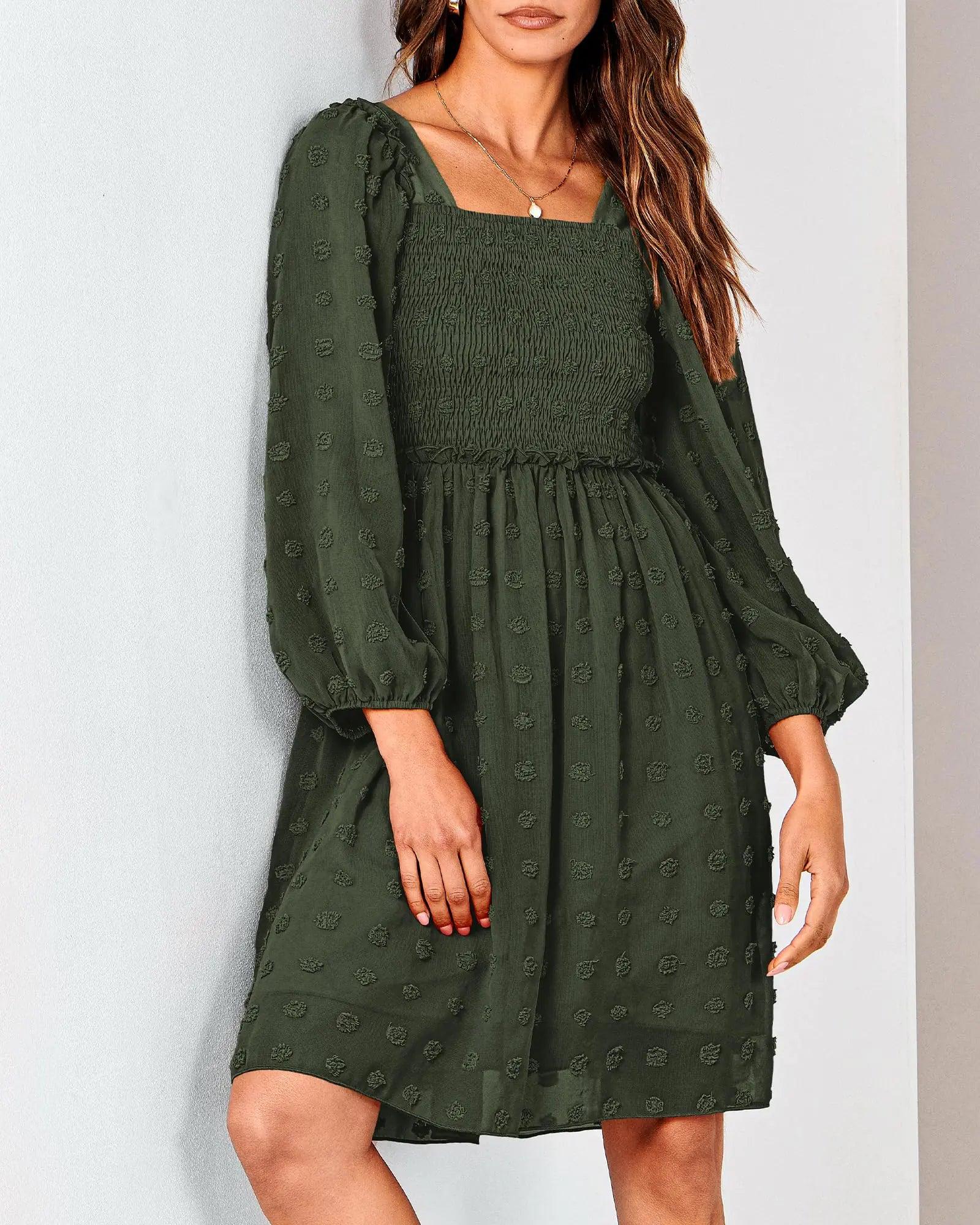 BTFBM Women Square Neck Smocked Dresses 2024 Summer Fall Long Sleeve Floral Swiss Dot Ruffle Party Mini Boho Dress Swiss Dot Army Green Small - Evallys.com # #