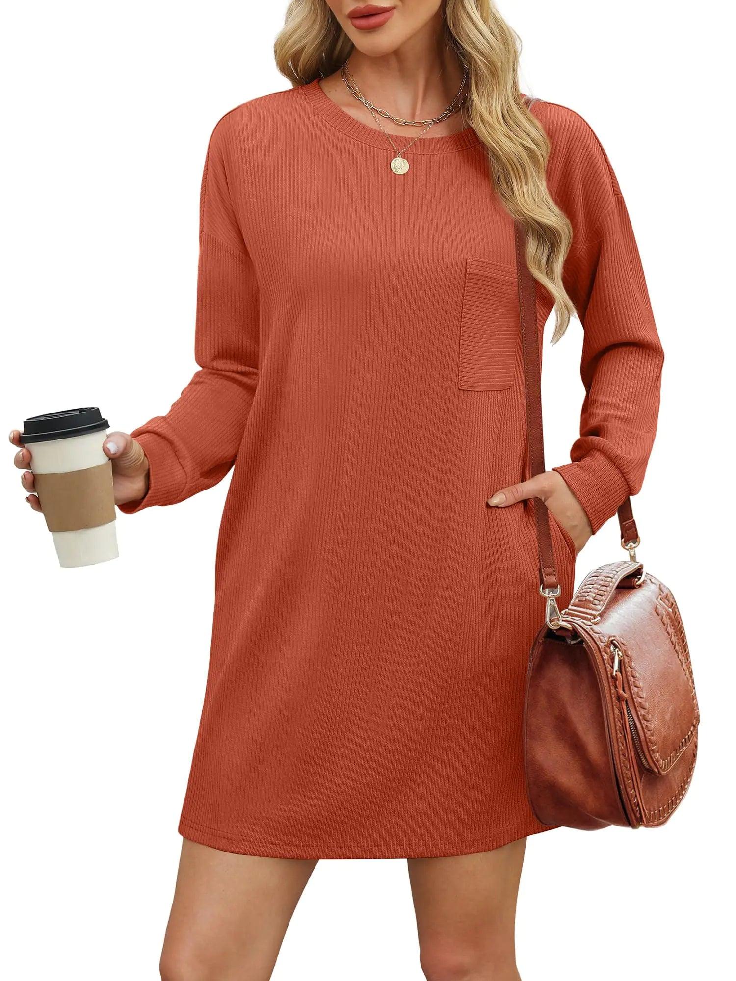 WIHOLL Womens Long Sleeve Dress Loose Fit Casual Crewneck Flowy Mini Dresses with Pockets Fall Fashion 2024 Caramel Large - Evallys.com # #