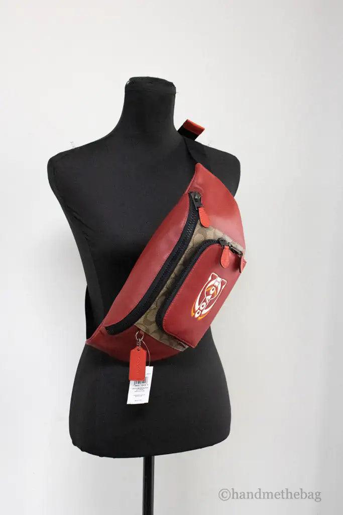 Coach Track Colorblock Khaki Red Leather Stamp Belt Bag - Evallys.com # #