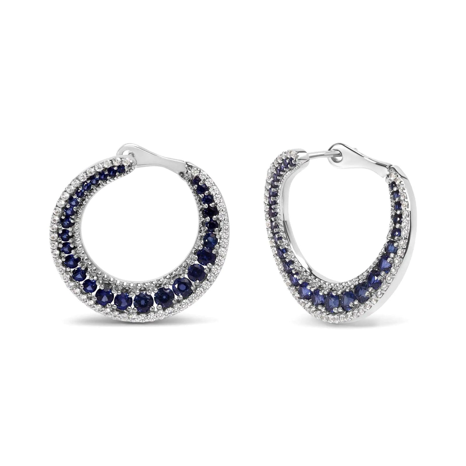 .925 Sterling Silver 2 3/4 Cttw Created Blue Sapphire Crescent Moon Disc Style Hoop Earrings - AAA Quality - Evallys.com # #