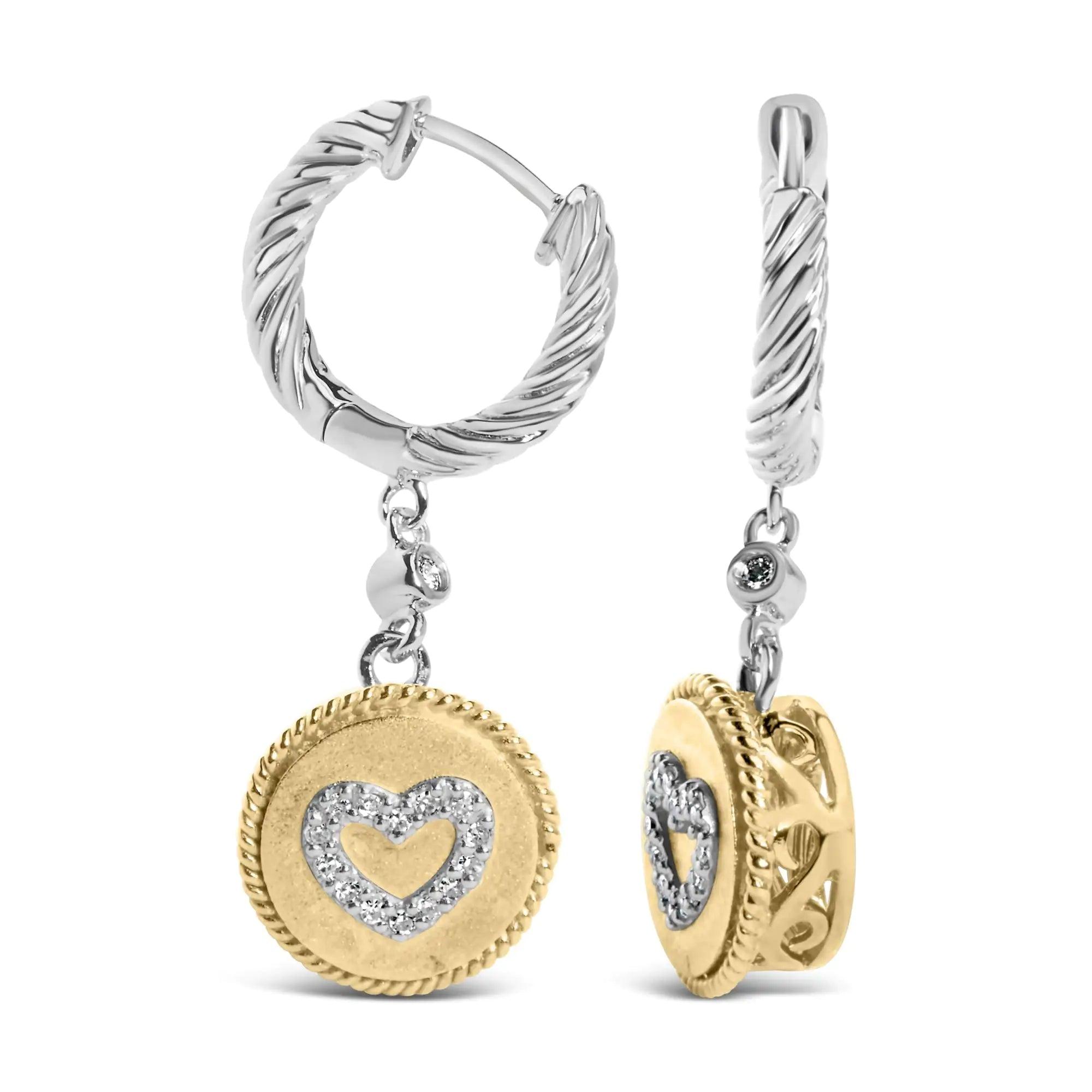 18K Yellow Gold Plated .925 Sterling Silver 1/8 Cttw Diamond Heart Medallion Drop and Dangle Earring (I-J Color, SI1-SI2 Clarity) - Evallys.com # #