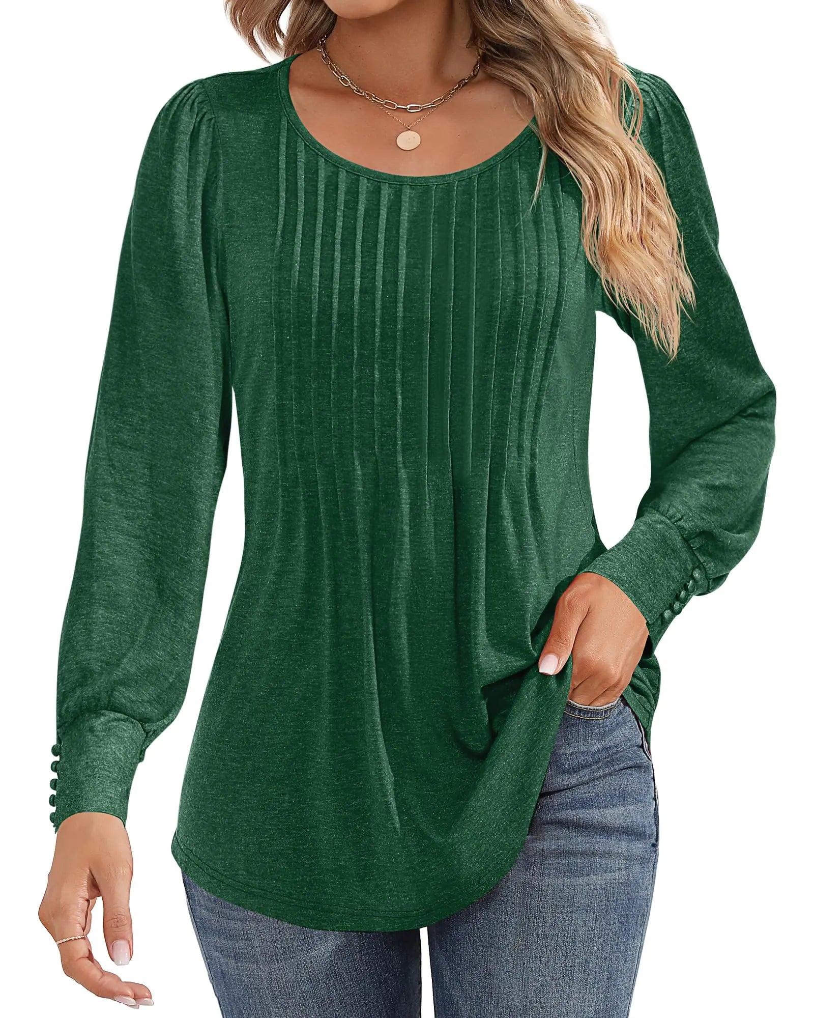 Ficerd Women's Puff Long Sleeve Tunic Tops Pleated Crew Neck Blouses Dressy Casual Loose Fit Fall and Winter Shirts Pink Floral Large - Evallys.com