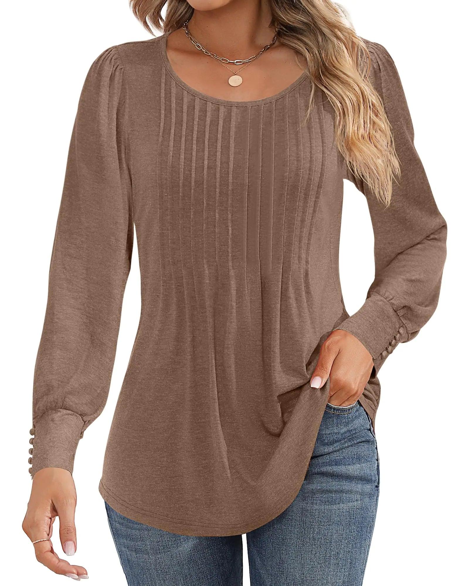 Ficerd Women's Puff Long Sleeve Tunic Tops Pleated Crew Neck Blouses Dressy Casual Loose Fit Fall and Winter Shirts Pink Floral Large - Evallys.com