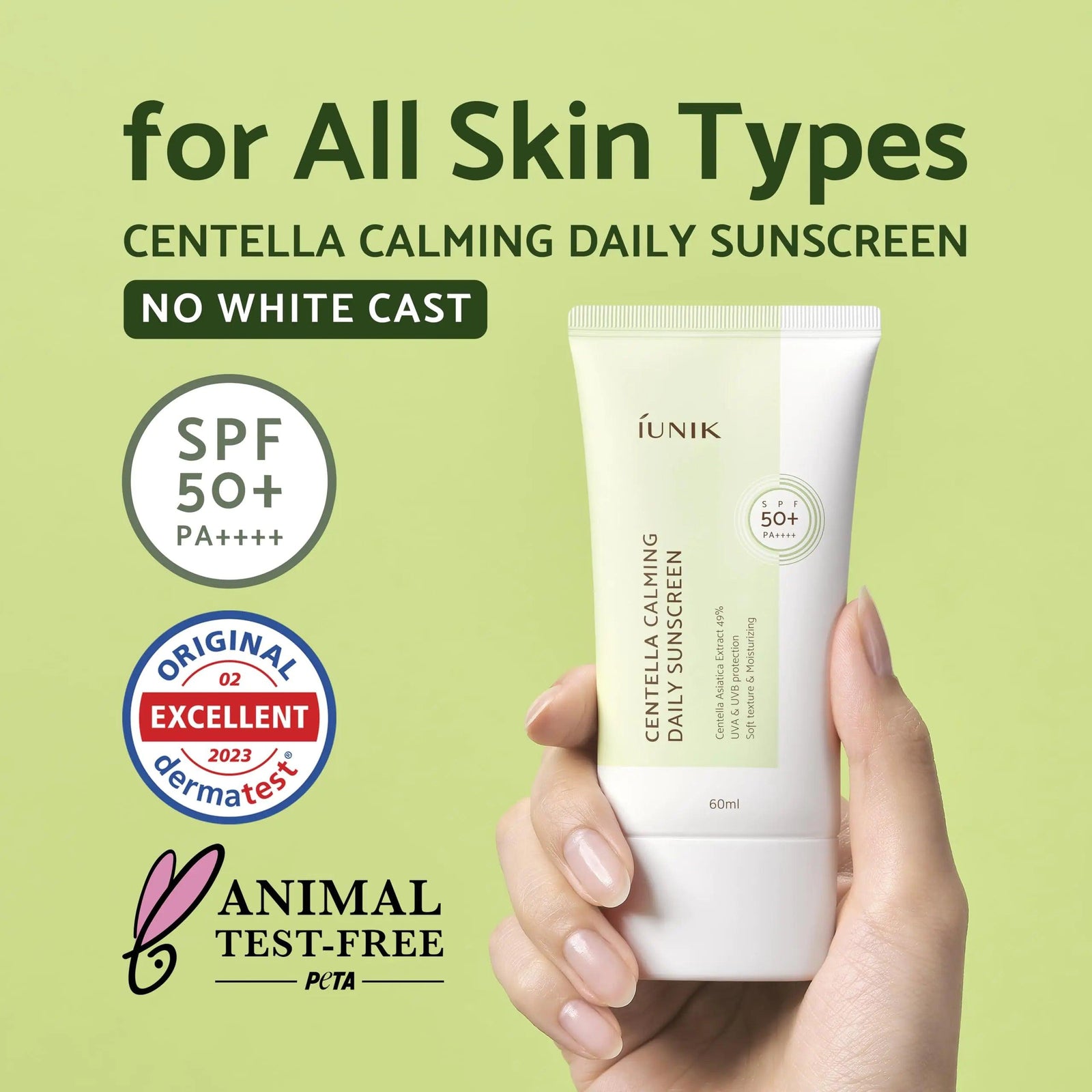 IUNIK Centella Calming Moisture Daily Sunscreen SPF 50+ PA++++ Matte & No White Cast Centella Asiatica Dry Oily Sensitive Vegan Korean Skincare - Evallys.com # #