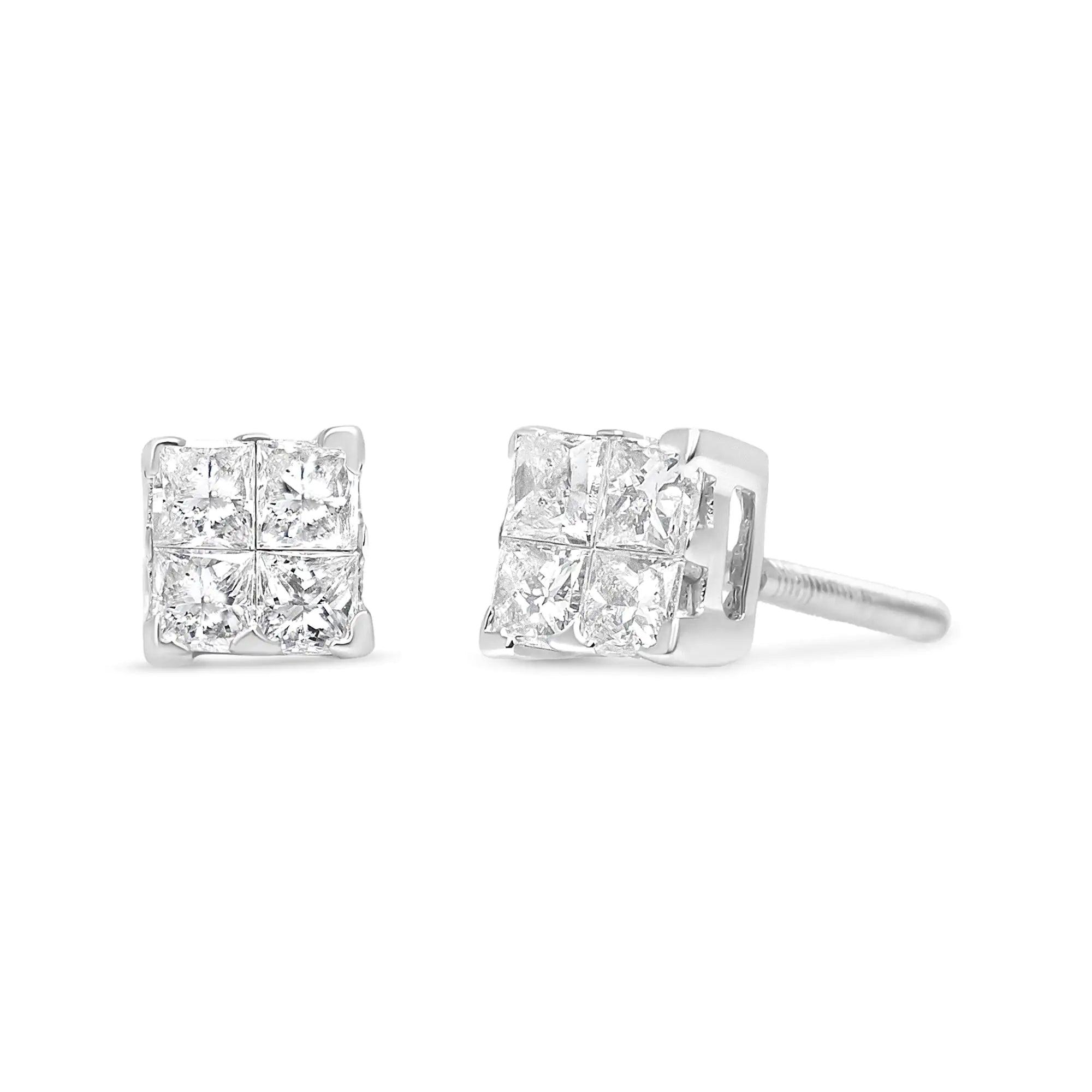 .925 Sterling Silver 5/8 Cttw Princess Cut Diamond Invisible Set Quad Composite Stud Earrings (I-J Color, I2-I3 Clarity) - Evallys.com # #